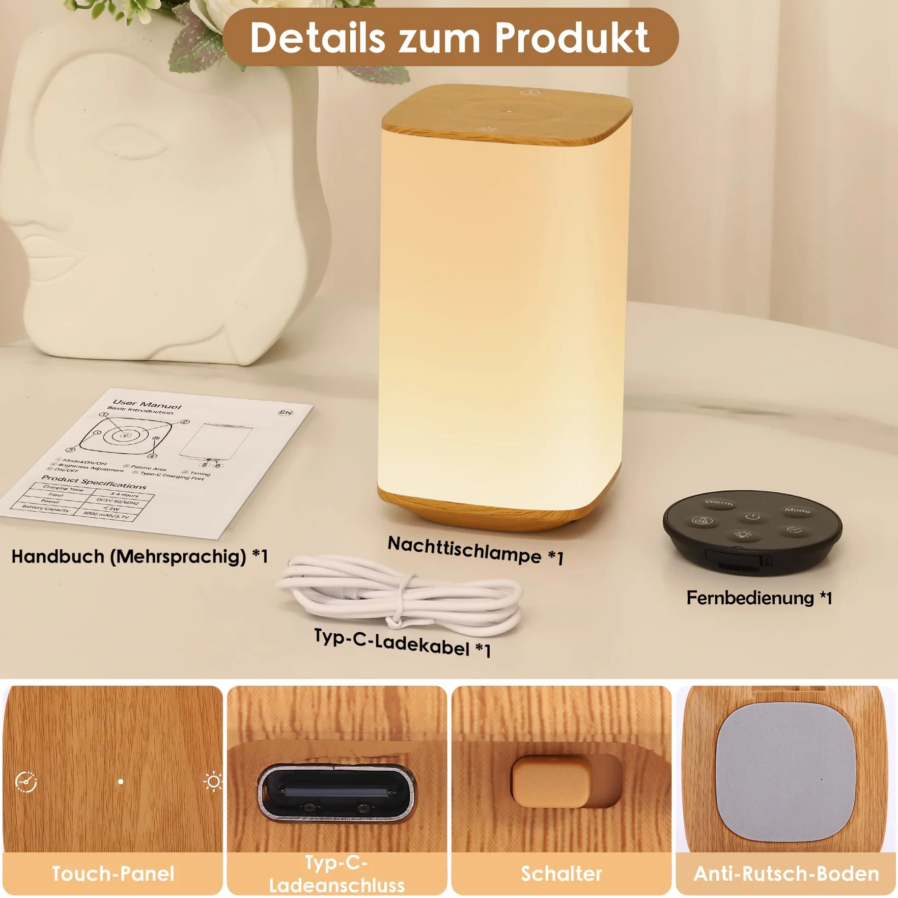 Bonsery Lampka nocna dotykowa, ściemniana, z 3 temperaturami barwowymi i 256 kolorami, 3000 mAh, akumulatorowa, lampa stołowa ładowana z pilotem zdalnego sterowania, lampka nocna dla niemowląt, z