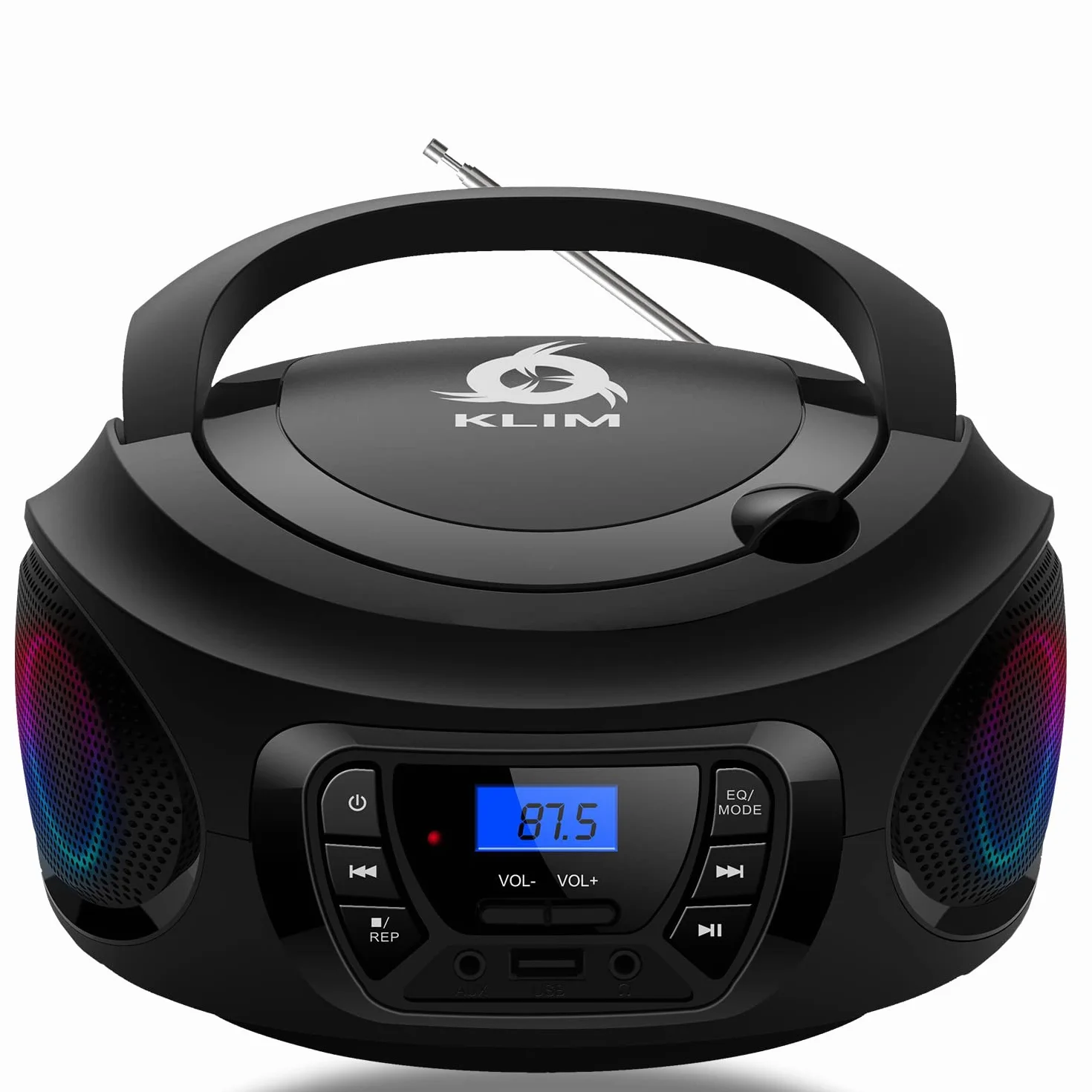 KLIM CD Boombox Portable Audio CD Player - NOWA WERSJA - Radio FM, Akumulator, Bluetooth, MP3 i AUX. Wyposażony w głośniki neodymowe Super Bass, ulepszony obiektyw lasera CD - czarny