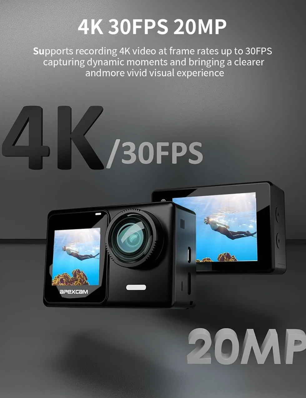 Apexcam Action Cam 4K 30FPS 20MP Dual Screen Wodoodporna 40m WiFi 170° Wide Angle z 2x baterie 1350mAh