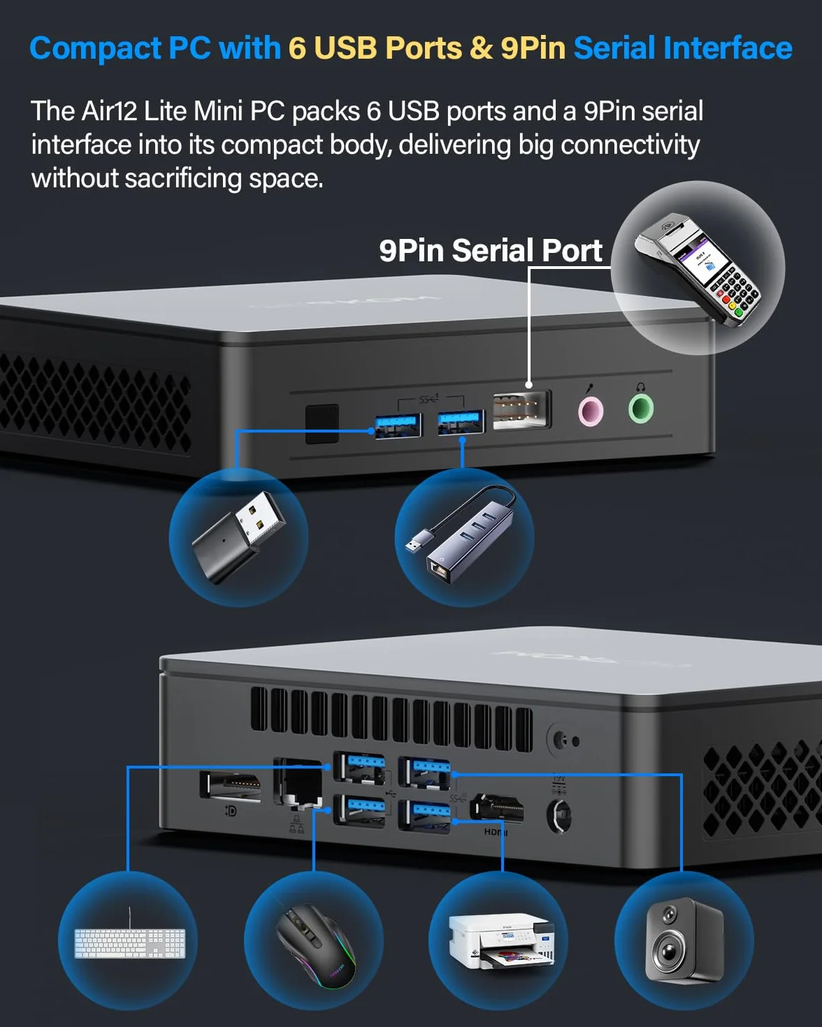 GEEKOM Cichy Mini PC Air12 Lite z Intel N95, 8 GB RAM, 256 GB SSD, Kompaktowy Komputer Biurowy i Multimedialny z Windows 11, Gotowy do Pracy | 6×USB i Port 9-PIN | Obsługa Dual Display 4K@60Hz