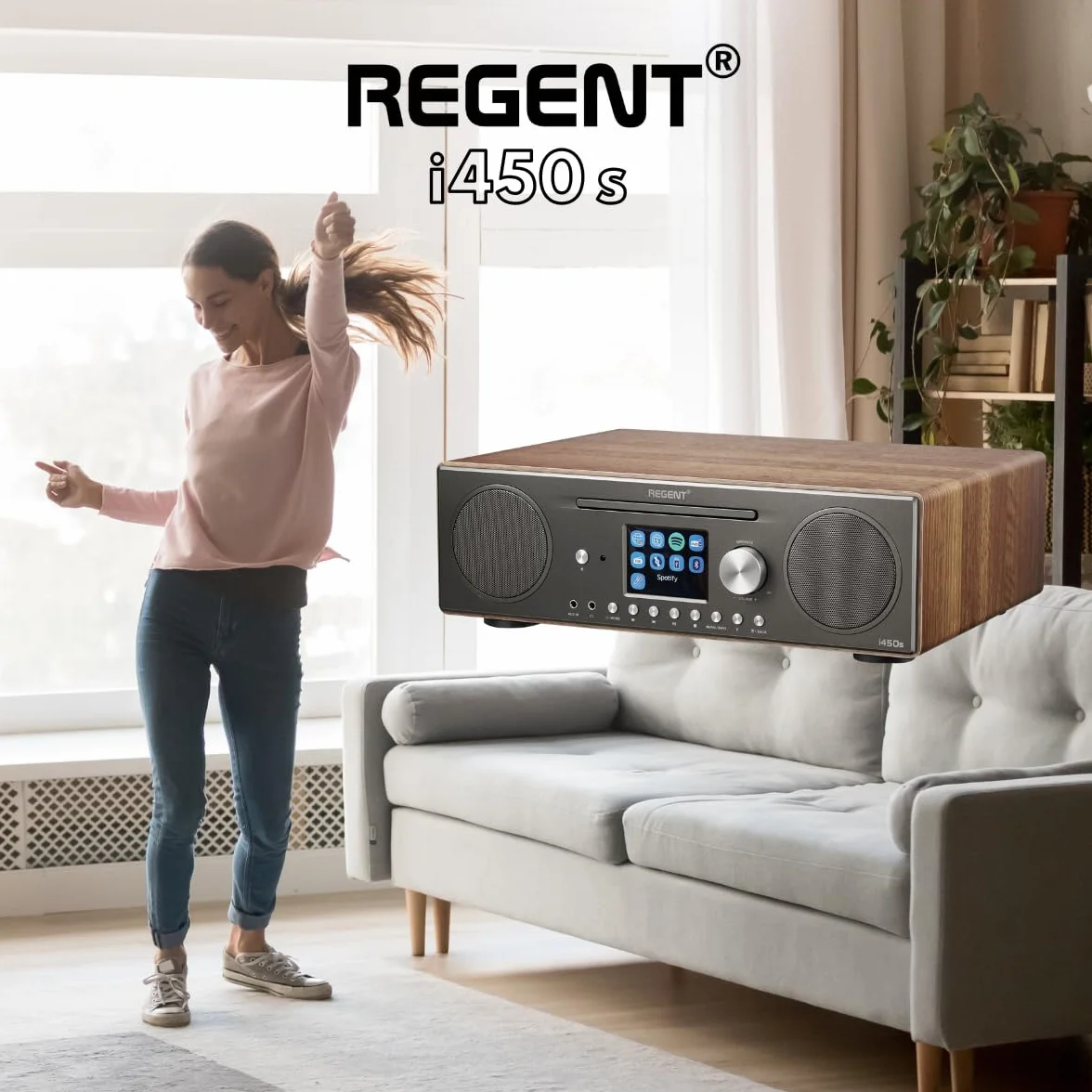 Głośnik REGENT i450s Spotify Connect DAB+ Radio internetowe Odtwarzacz CD Digital Home Stereo Hi-Fi Bluetooth FM 20, podwójny alarm i pilot Wejście AUX i USB (Ciemny Orzech)