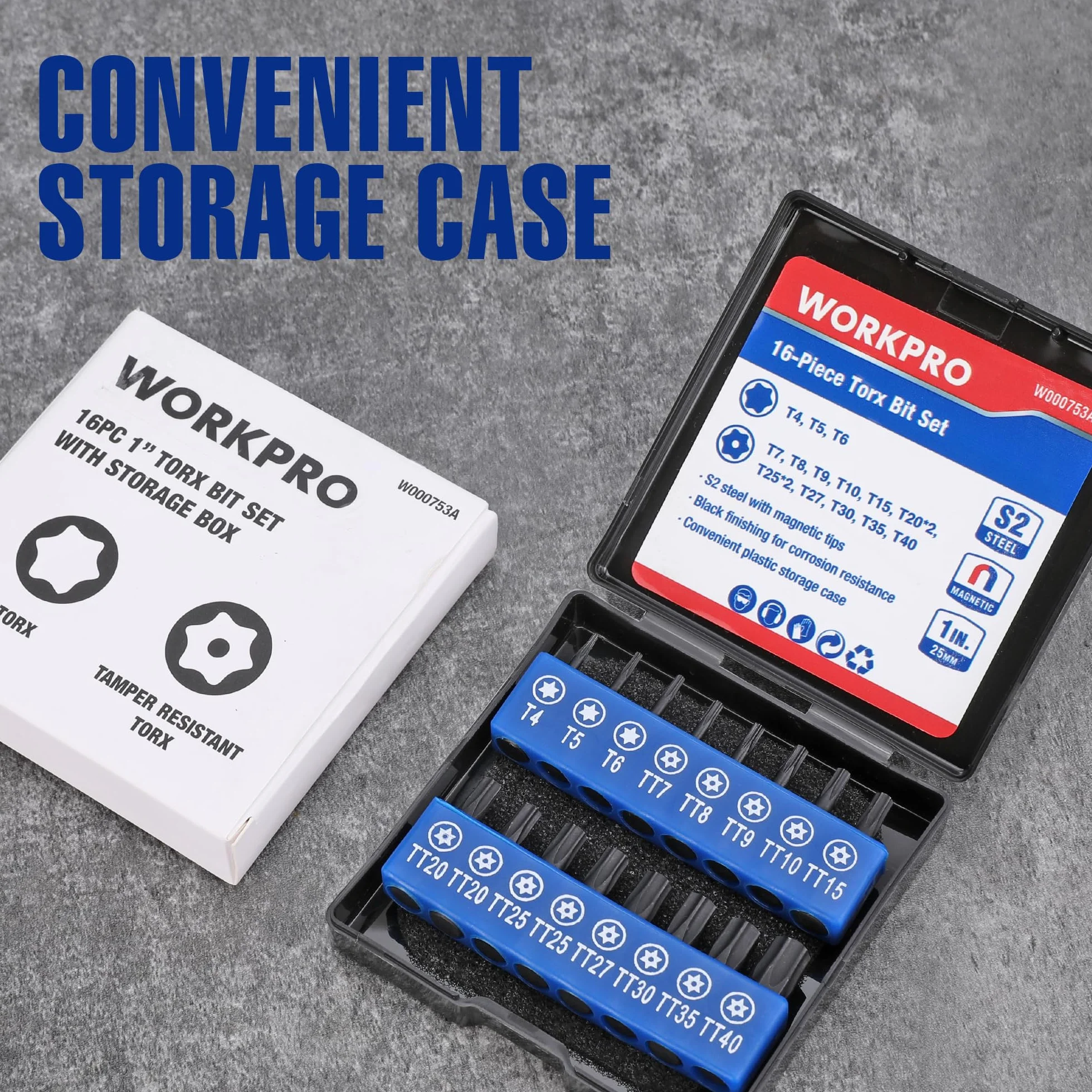 WORKPRO Security Torx zestaw bitów 16 szt., odporny na manipulacje zestaw bitów ze stali S2, trzpień sześciokątny 1/10.2 cm, końcówka wkrętakowa z magnetycznymi końcówkami w pudełku do przechowywania
