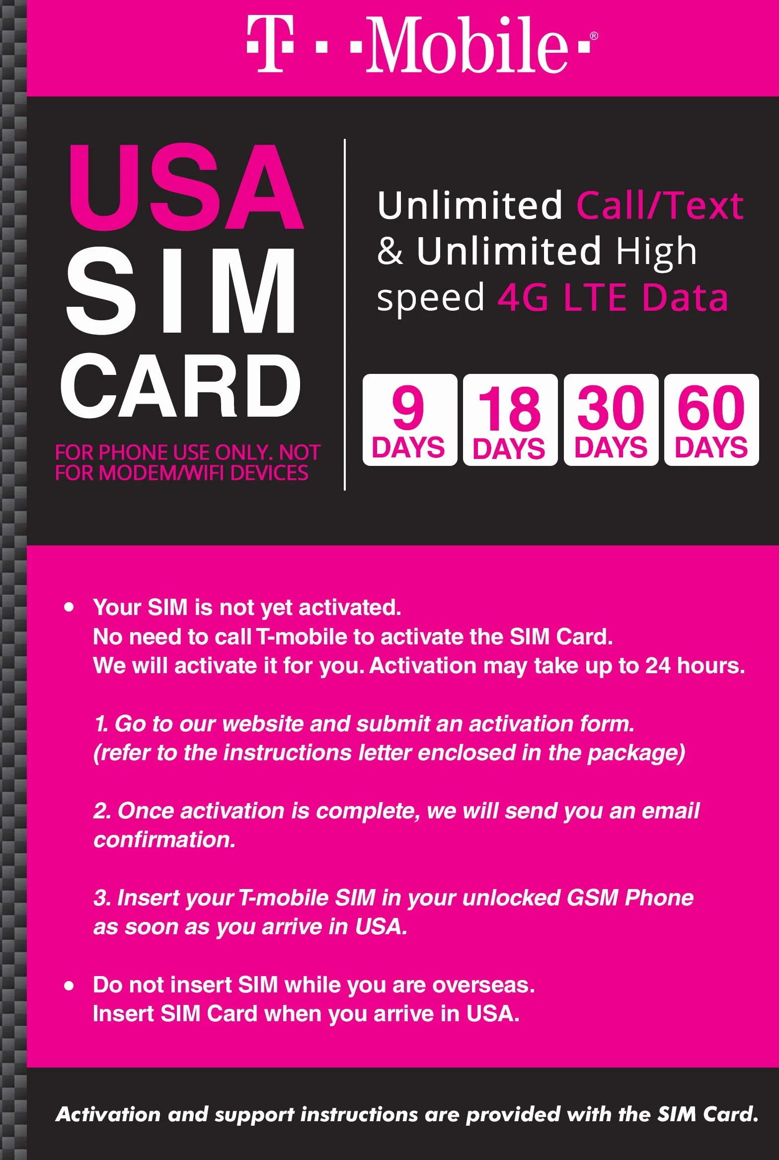 T-Mobile USA Prepaid Travel SIM Card 4G LTE Unlimited Call SMS Data 30 dni