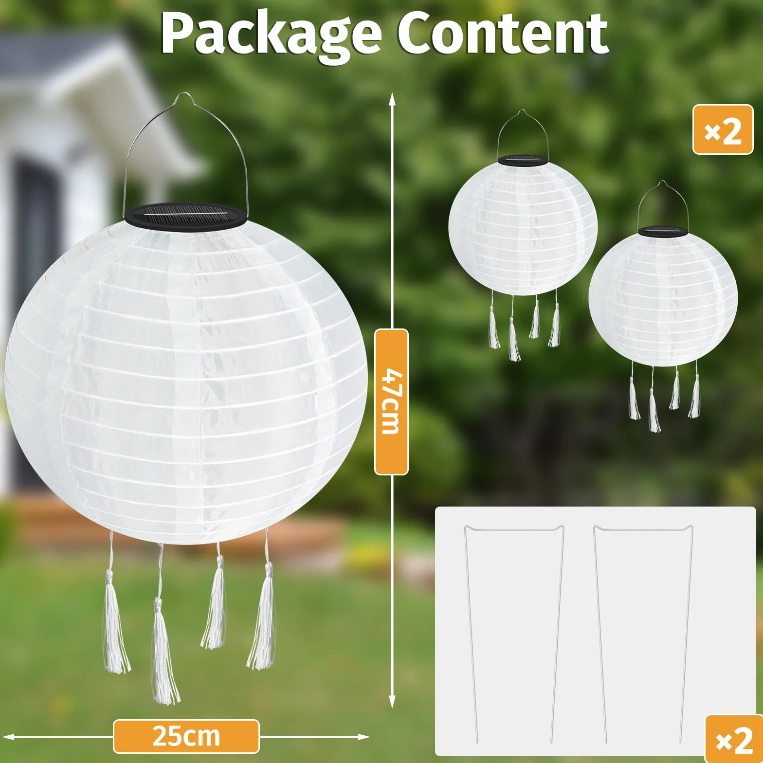 Lampiony solarne LED, 2 sztuki, 25 cm, odporne na warunki atmosferyczne, solarne LED, wodoszczelne latarnie z 4 frędzlami, nylonowe, wiszące lampiony solarne do ogrodu, na podwórko, balkon