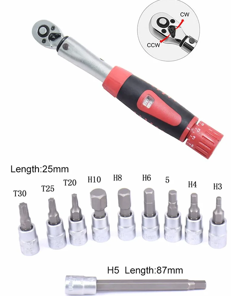 POFET Klucz dynamometryczny rower i motocykl 1/4 cala zestaw kluczy 2-24 Nm zestaw narzędzi do naprawy momentu obrotowego adapter rurowy klucz nasadowy (czerwony)