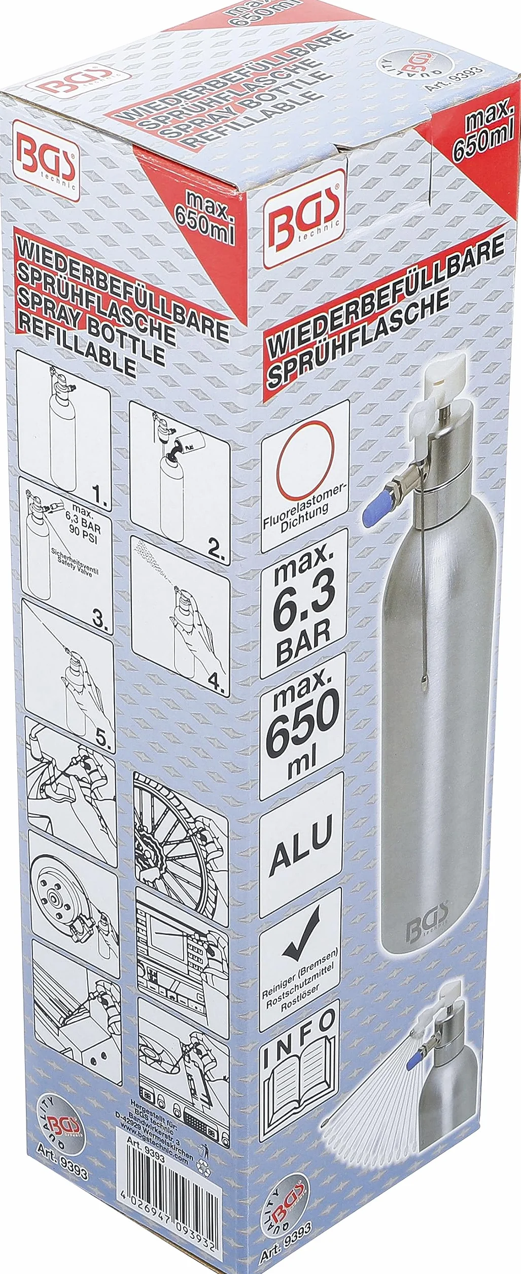BGS 9393 | Pneumatyczna butelka ze spryskiwaczem | wersja aluminiowa | 650 ml