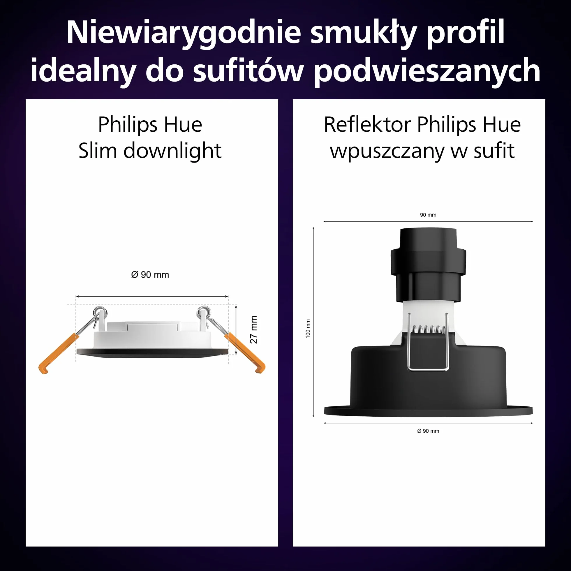 Philips Hue Smart Slim Oświetlenie do Wbudowania 90 mm Białe i Kolorowe Światło Bluetooth Czarny