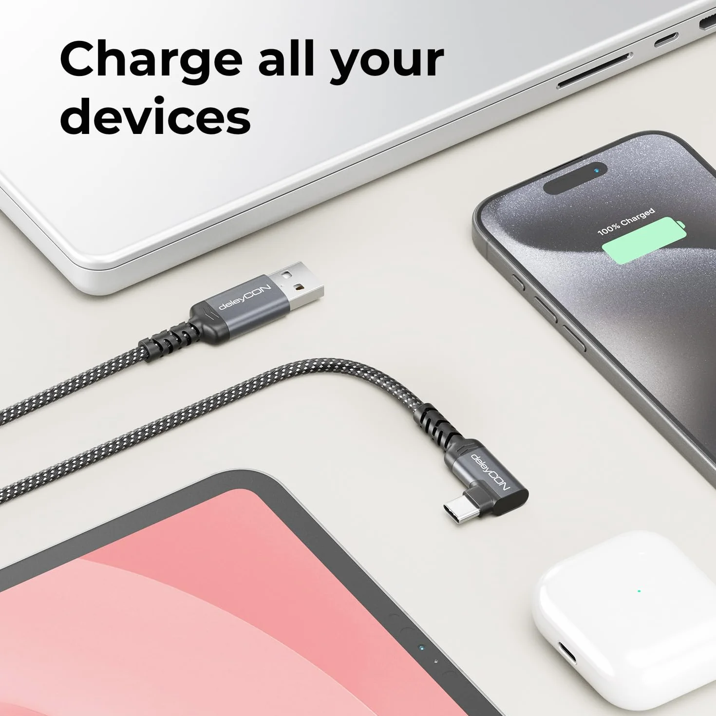 deleyCON 1m Kabel USB-C Kątowy 90° USB-A do USB-C Ładujący i Danych do iPhone 17 16 15 Pro Max Air, Galaxy A16 A56 S25 S24 S23, Pixel, AirPods, Laptopa, PS5