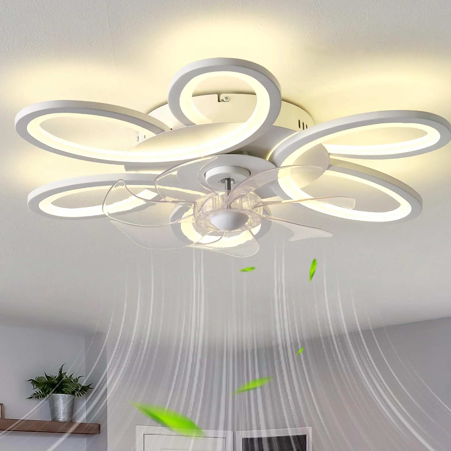 Kwiatowe Wentylatory Sufitowe Ze Światłami I Pilotem, Ściemniana Lampa Sufitowa LED Z Wentylatorem, 6-biegowe Wentylatory Sufitowe DC Z Lampami I Funkcją Pamięci Do Salonu-White||Remote+App