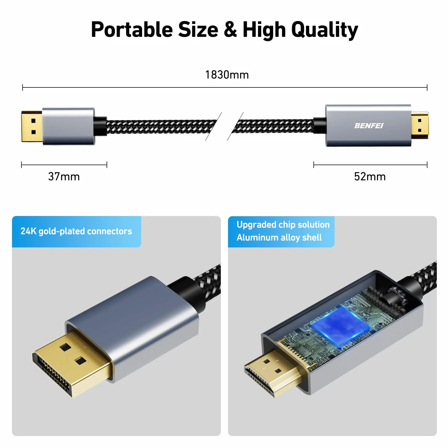 BENFEI Kabel DisplayPort na HDMI 1,8m Aluminium Nylonowy Jednokierunkowy DP na HDMI