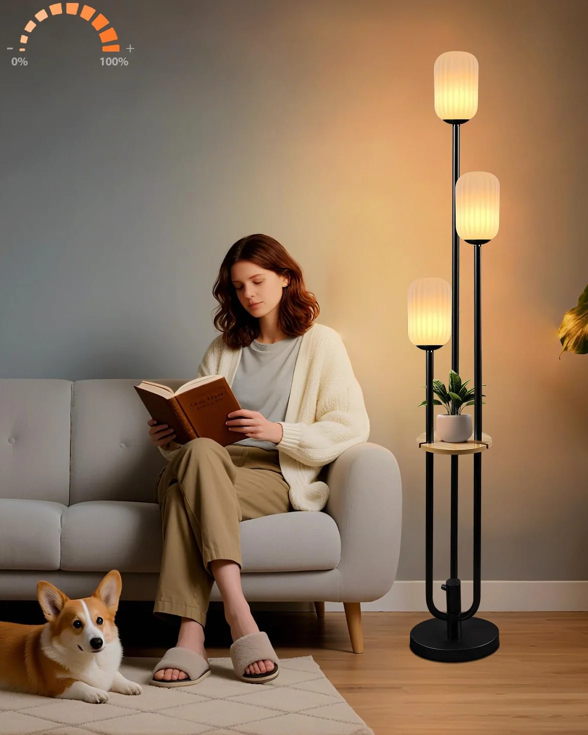Lampa podłogowa do salonu, ściemniana lampa podłogowa w stylu vintage, z półką i żarówkami LED, 3 światła, 3000 K, miękka, ciepła biel, z połowy wieku, wysokie lampy do sypialni, biura