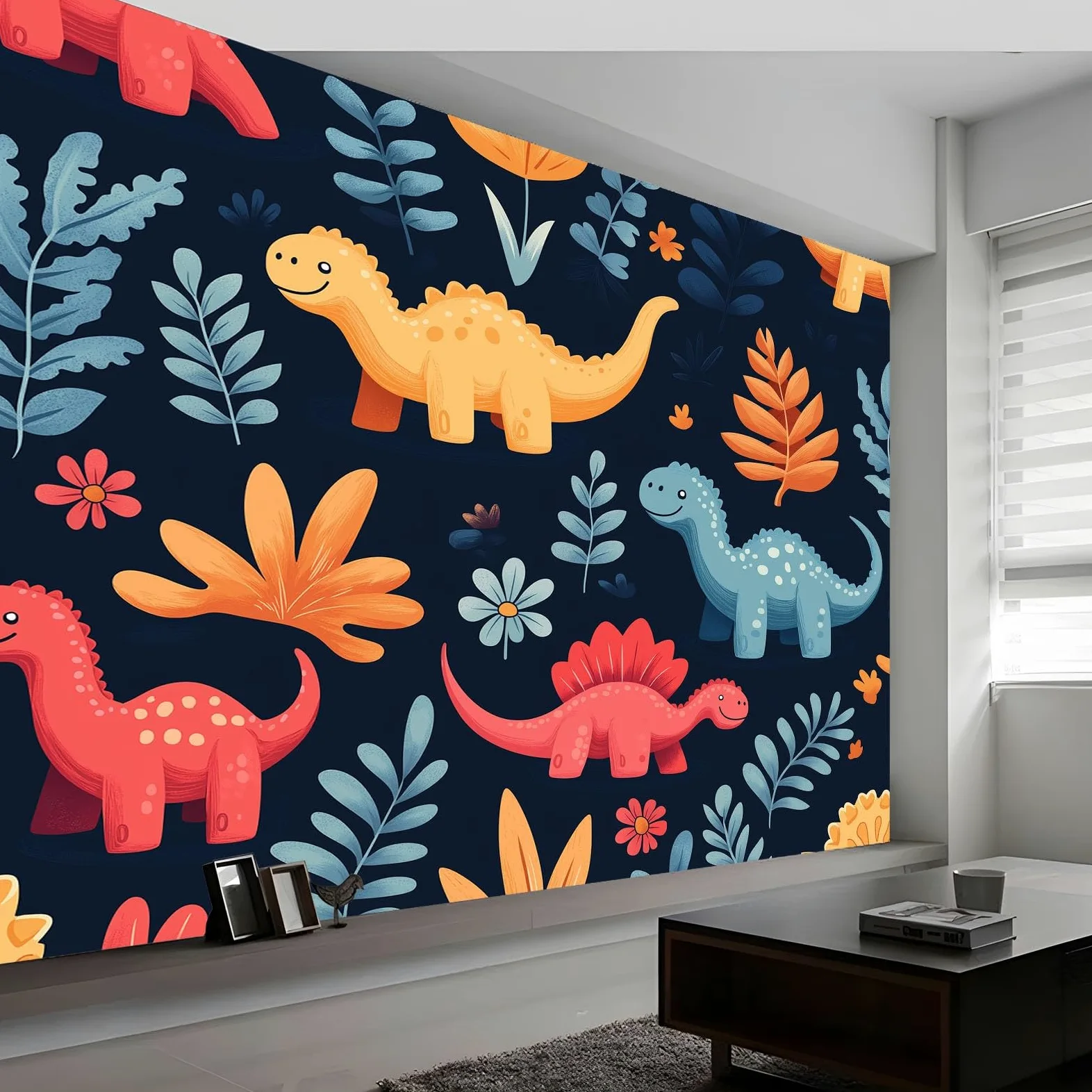 Figurki z kreskówek, dinozaury, rośliny, kwiaty, sztuka, fototapeta, 250 x 175 cm, efekt 3D, obraz ścienny, tapeta ścienna, nowoczesna tapeta ścienna, do salonu, na ścianę, mural, pokój dziecięcy, tło