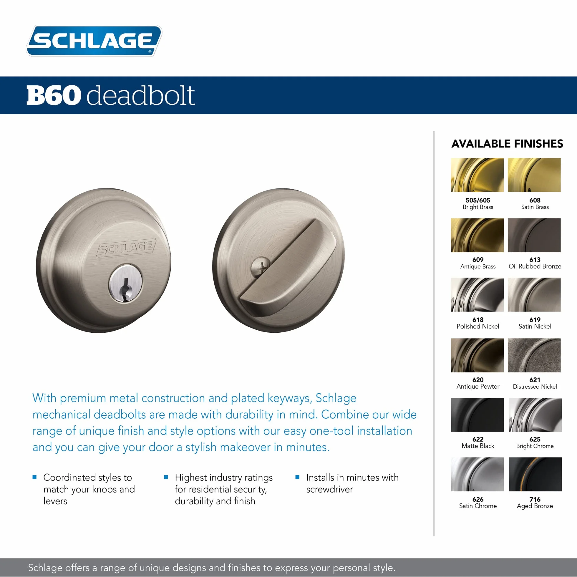 Schlage B60N625 zasuwa, klucz 1-stronny, jasny chrom od Schlage Lock Company