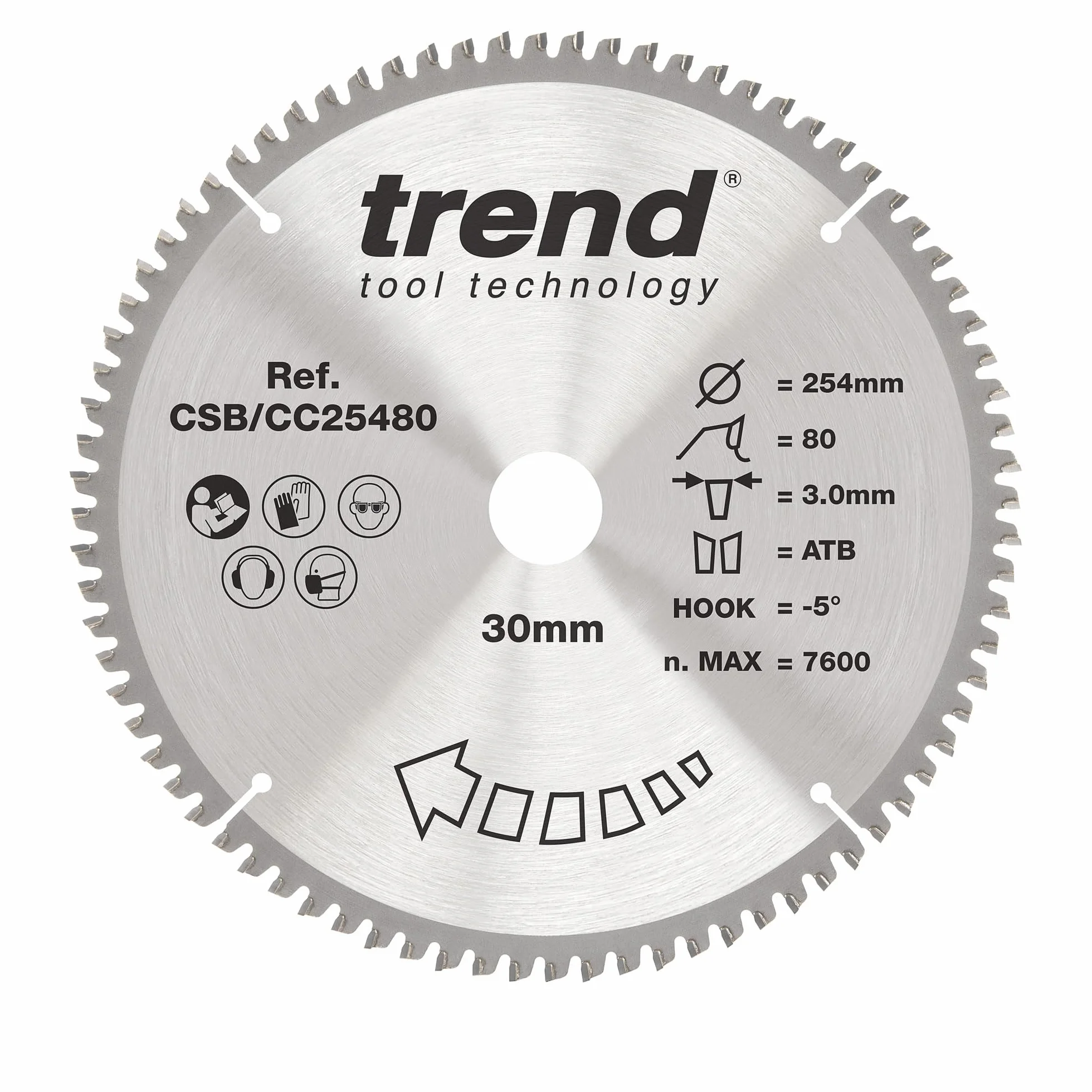Trend Tarcza do cięcia ukośnego 254 mm 80T TCT, otwór 30 mm, extra-fine | Do dokładnych cięć poprzecznych w drewnie na pilarkach ukośnicach: 80T TCT, hak -5°, cięcie 3 mm, CSB/CC25480
