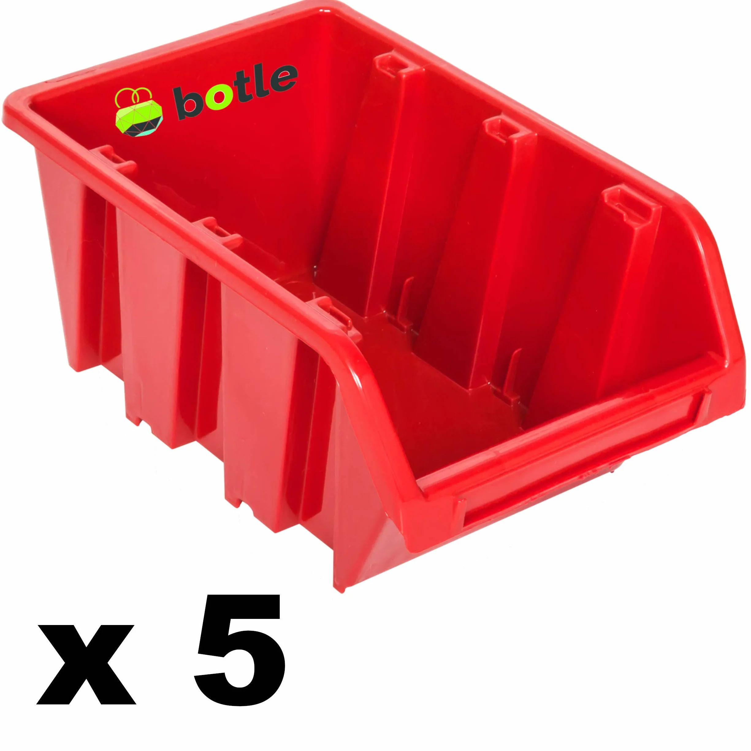 botle 5 x pudełka do układania w stos, do warsztatu, garażu, pudełka do przechowywania, pudełka do sortowania, 120 x 195 x 90 mm, czerwone, z tworzywa sztucznego, możliwość układania w stos