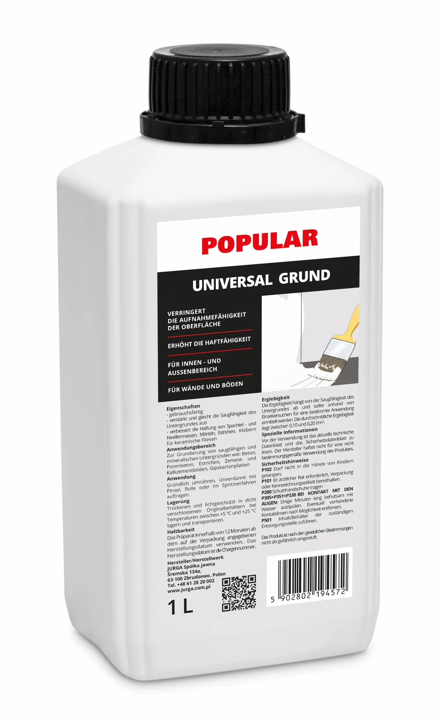 JURGA Popular Grunt l 1L (≈10m²) do ścian i podłóg uniwersalny podkład preparat gruntujący do użytku na zewnątrz i wewnątrz na chłonne porowate podłoża