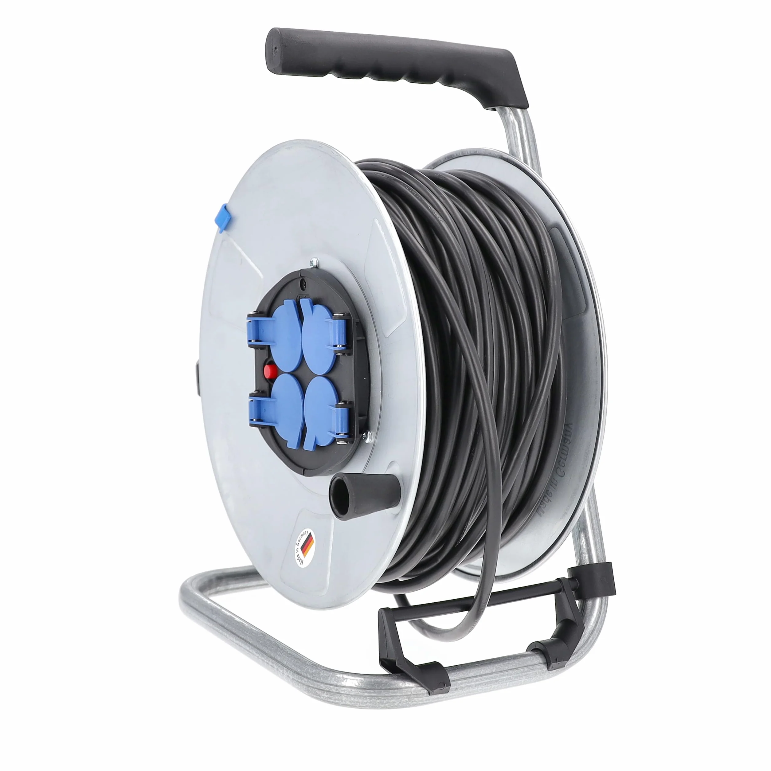 as - Schwabe Metall-Kabeltrommel – mit 50 m Kunststoffmantelleitung 230 V / 16 A – Verlängerungskabel-Trommel mit 4 Schutzkontakt-Steckdosen – IP20 – Made in Germany – Silber I 10319