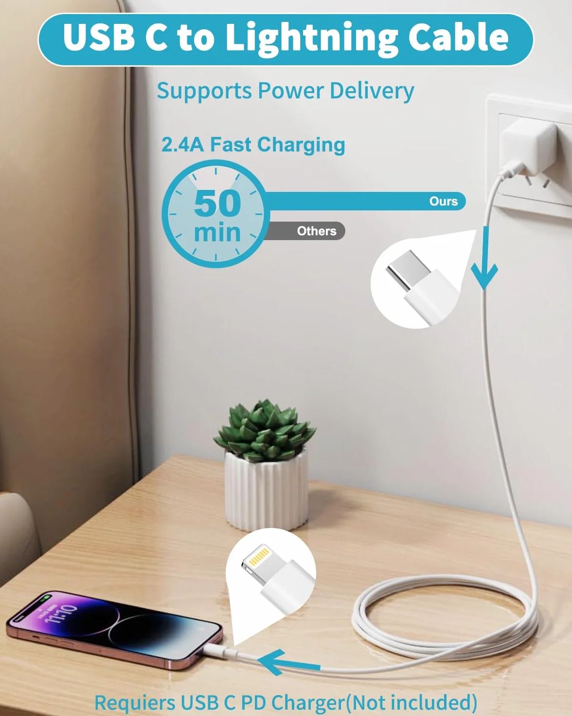 Kabel USB C Lightning 3M [Certyfikatem MFi], Kable Ładowarki iPhone USB C do Szybkiego Ładowania Kabel Type C Szybkie Ładowanie do Lightning dla iPhone 14/13/12/11/X/XS/XR/8/7/iPad/AirPods