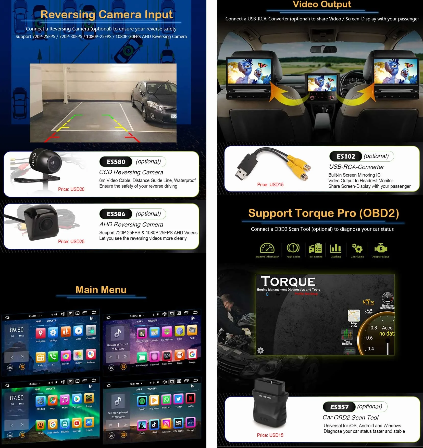 Android 14 Radio samochodowe GPS 1 Din DVR Bezprzewodowy CarPlay Android Auto WiFi DSP RDS 4G Bluetooth 5.0 ekran dotykowy 8 rdzeni 4GB+64GB