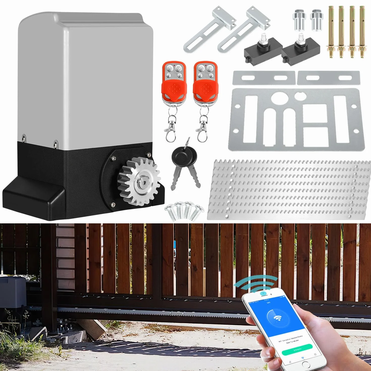 Zestaw napędu do bramy przesuwnej, 550 W, 1200 kg, inteligentny napęd do bramy WiFi, automatyczny napęd do bramy z 2 pilotami zdalnego sterowania, zębatka 4 m, 2 klucze odblokowujące i