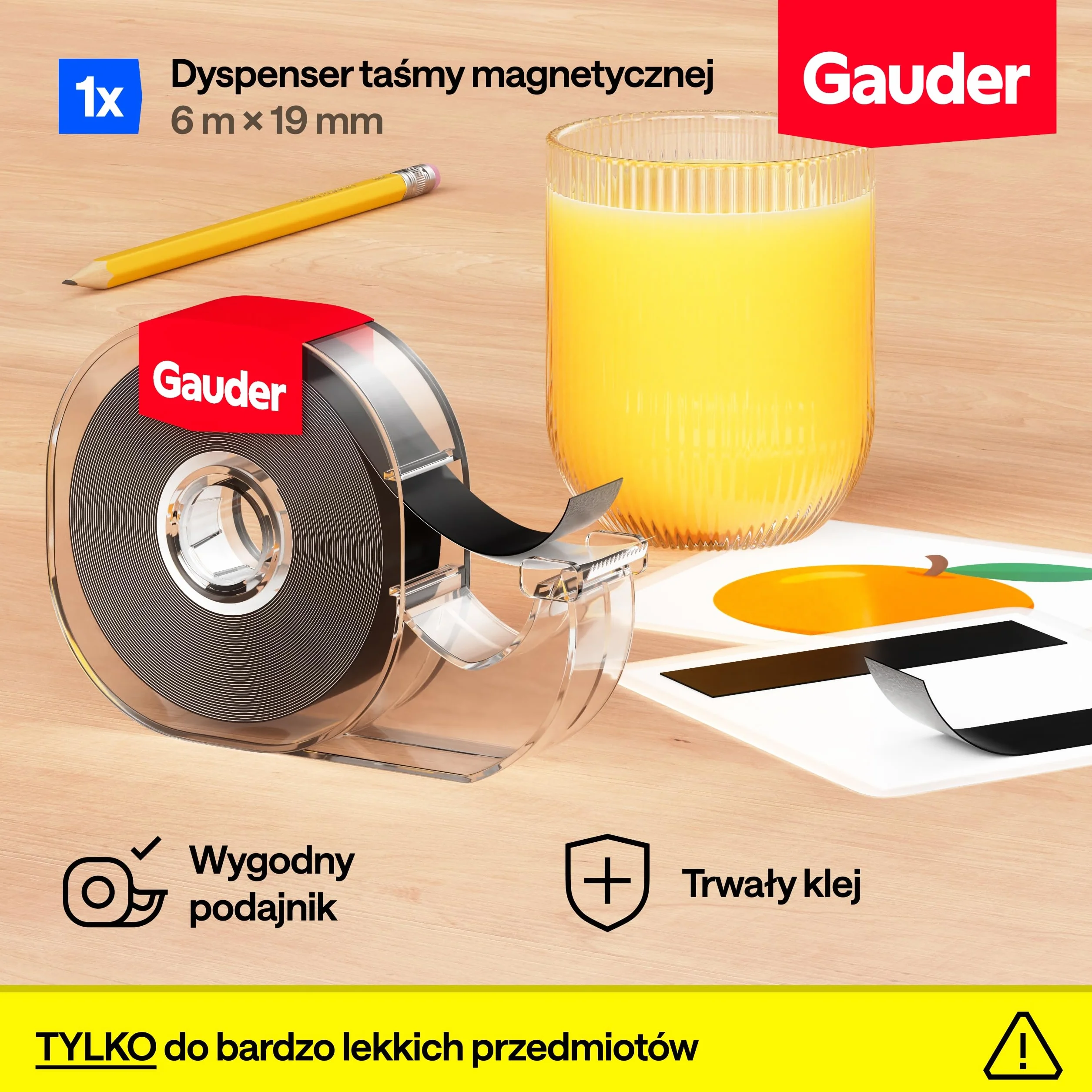 GAUDER Taśma Magnetyczna z Dyspenserem - Samoprzylepny Pasek Magnetyczny do Lekkich Przedmiotów - Taśma Magnetyczna do Cięcia na Pocztówki i Zdjęcia na Powierzchniach Metalowych (6 m x 19 mm)