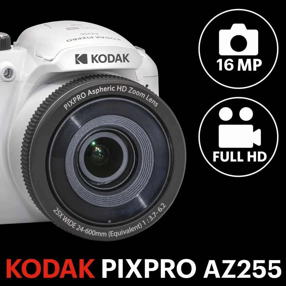 KODAK PIXPRO Astro Zoom AZ255-WH Aparat cyfrowy 16 MP 25x zoom optyczny 24 mm szerokokątny 1080P Full HD 7.6 cm LCD biały