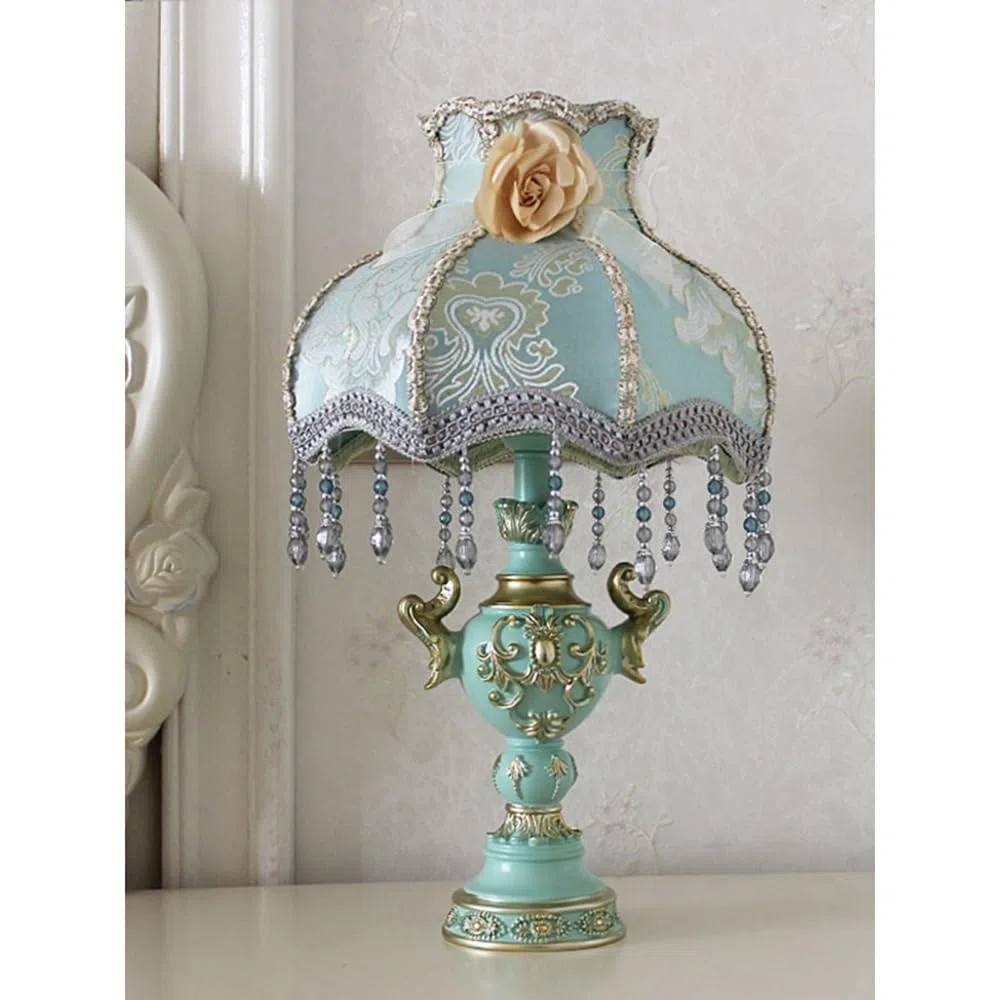 Lampa biurkowa Klasyczna wiktoriańska lampka nocna na stolik nocny w stylu francuskim, abażur z tkaniny kwiaty vintage, do sypialni