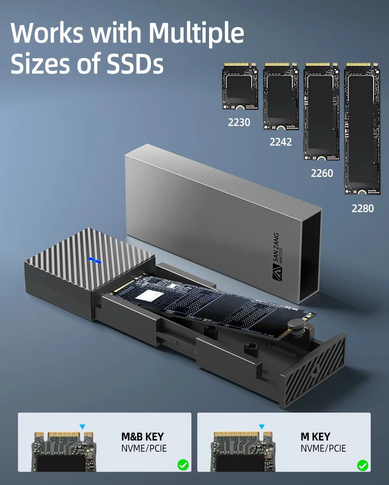 SANZANG M.2 NVMe obudowa SSD z transmisją 10 Gbit/s, USB 3.2 NVME SSD adapter do obudowy 2230 2242 2260 2280 M.2 PCIe NVMe M-Key & M+B Key SSD (bez użycia narzędzi, typ C na A)