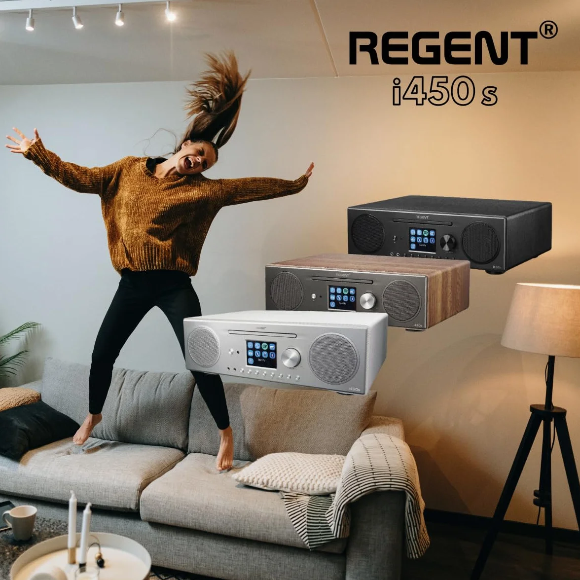 Głośnik REGENT i450s Spotify Connect DAB+ Radio internetowe Odtwarzacz CD Digital Home Stereo Hi-Fi Bluetooth FM 20, podwójny alarm i pilot Wejście AUX i USB (Ciemny Orzech)