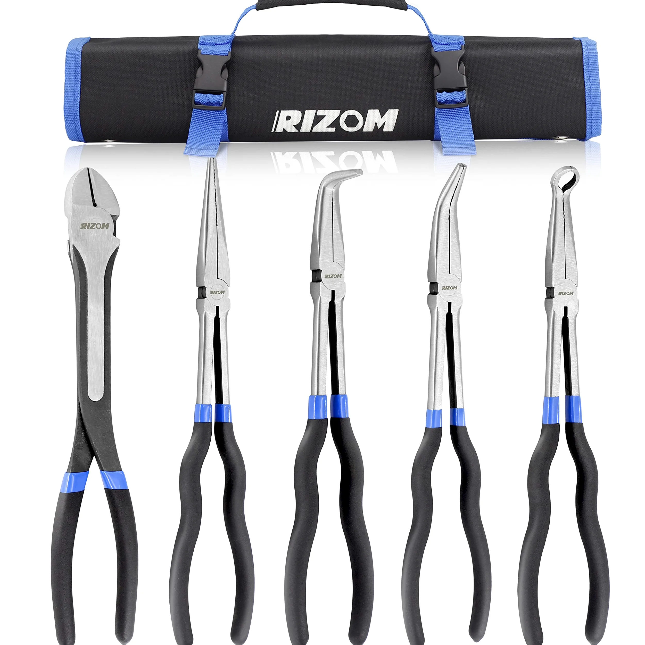 RIZOM 5-częściowy zestaw szczypiec igłowych o długości 28 cm, szczypce do nosa o bardzo długim zasięgu, szczypce wygięte pod kątem 90°, szczypce do nosa zagiętego 45°, szczypce do nosa, szczypce