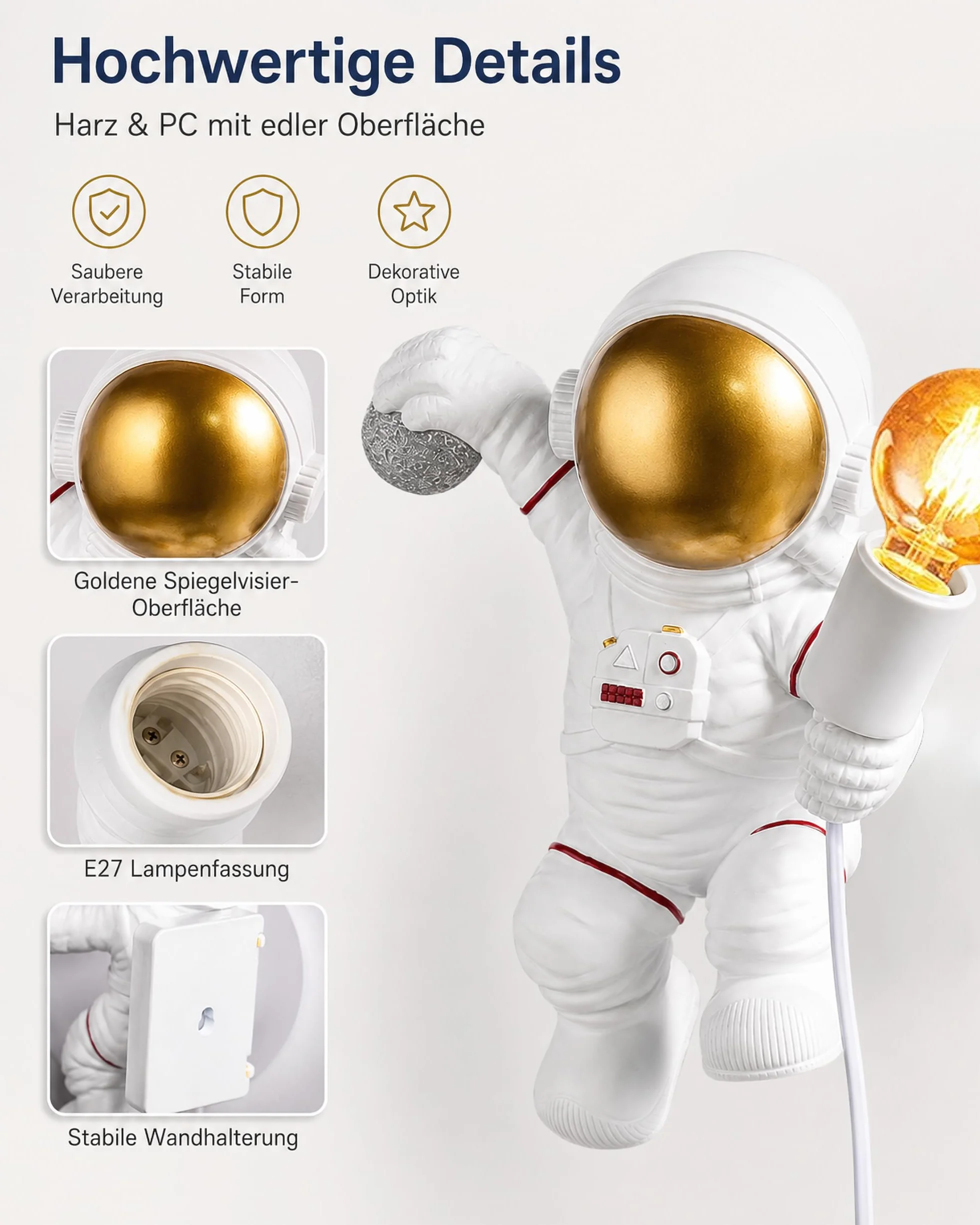 ACMHNC Kinkiet dziecięcy z wtyczką i przełącznikiem, astronautów lampa ścienna do pokoju dziecięcego z kablem 1,5 M, oświetlenie ścienne w pomieszczeniach dla chłopców i dziewcząt, E27, biała