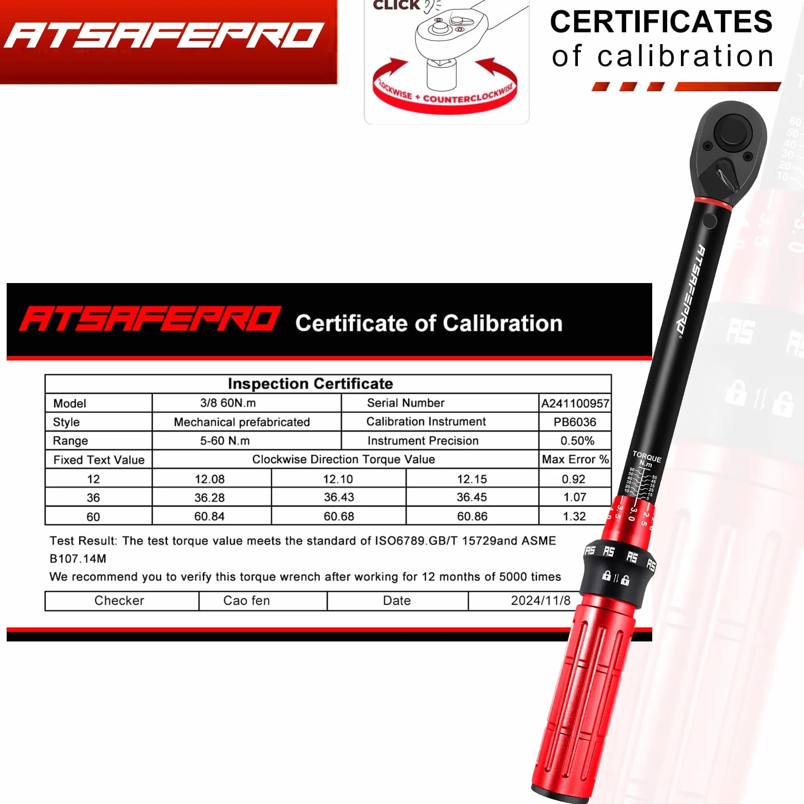 ATsafepro Klucz Dynamometryczny 3/8 Cala 5-60 Nm z Adapterami 3/8"-1/4" i 1/2", Przedłużka 6" – Dokładność ±3%, Obrotowa Grzechotka do Samochodów, Rowerów, Motocykli i DIY