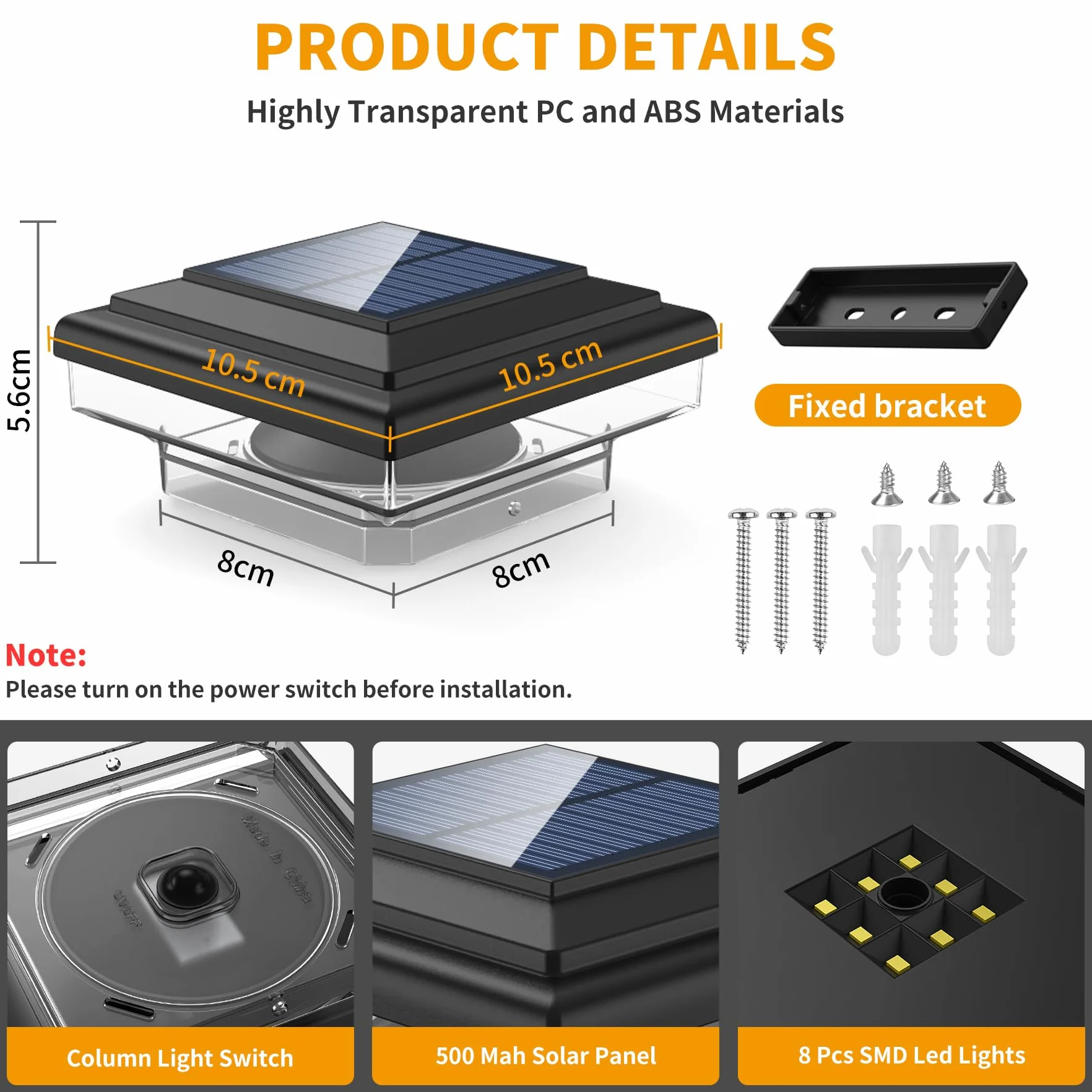 Zestaw 2 lamp solarnych z nasadkami ochronnymi, 8 diod LED, wodoszczelne solarne światła IP65, zewnętrzne, ogrodowe lampy solarne, do słupków ogrodzeniowych 70 mm/80 mm/90 mm/100 mm (76 x 76