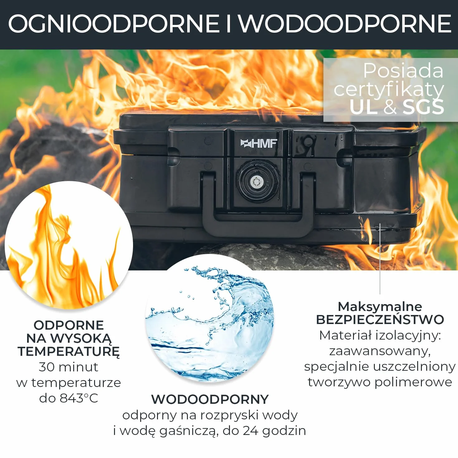 HMF 250452 ognioodporne wodoszczelne pudełko na dokumenty, DIN A4, 44,5 x 16,5 x 33 cm, czarne