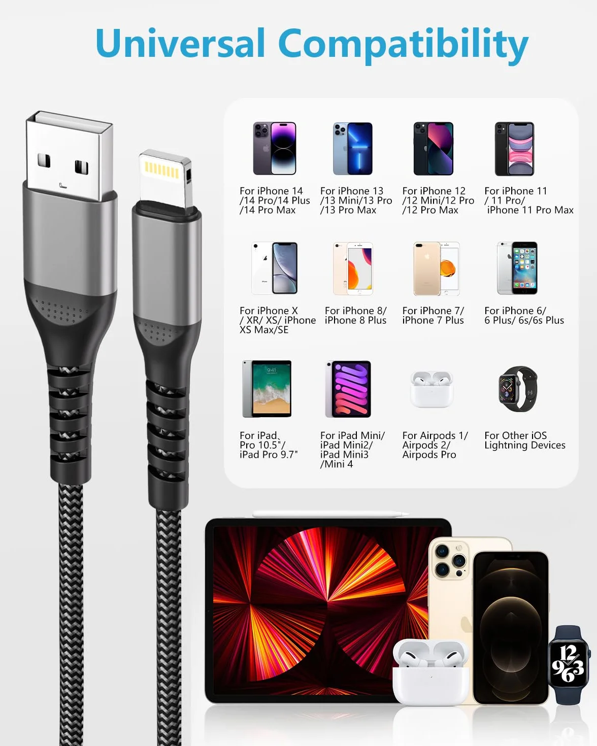 BLITEZZ Kabel Lightning MFi 3M Długi Przewód USB Szybkie Ładowanie do iPhone 14 13 12 11 Pro Max Mini X 8 7 6 6s Plus 5 SE