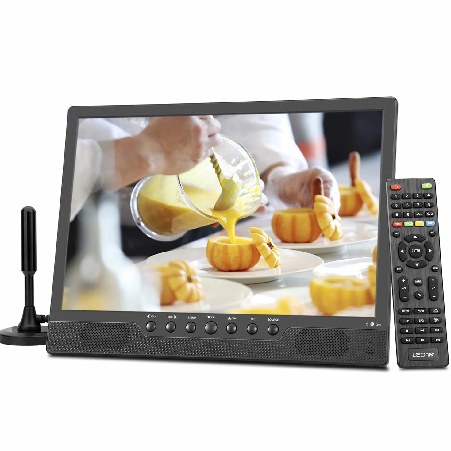KCR 14,0-calowy cyfrowy przenośny telewizor DVB-T2, Freeview, ponownie ładowalny akumulator, złącze USB, złącze słuchawkowe, pilot zdalnego sterowania, wejście AV, wejście HDMI