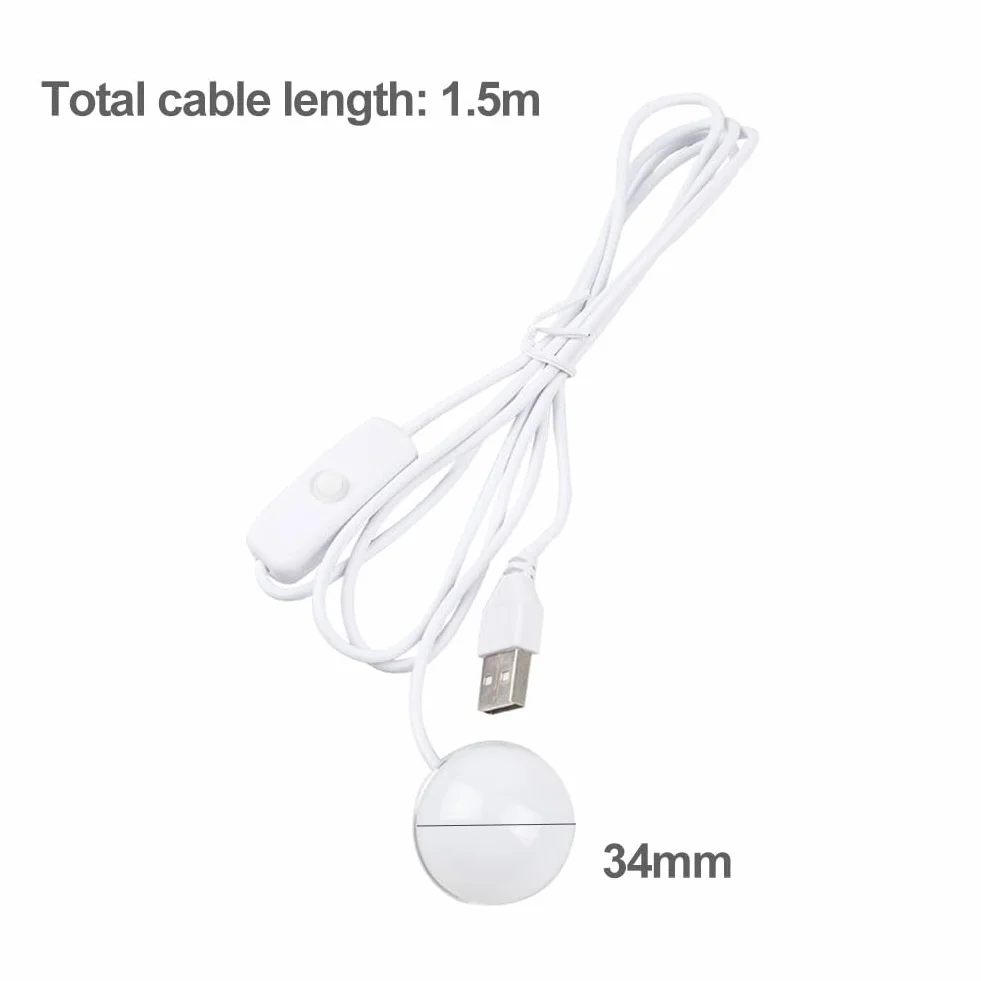 Mini lampa magnetyczna USB, lampka nocna LED z przełącznikiem, 5 V, 1 W, mała, okrągła lampa z kablem o długości 1,5 m, do komputera, witryn, szaf, notebooka, interfejsu USB, 1,5 m, 34 mm (ciepła biel