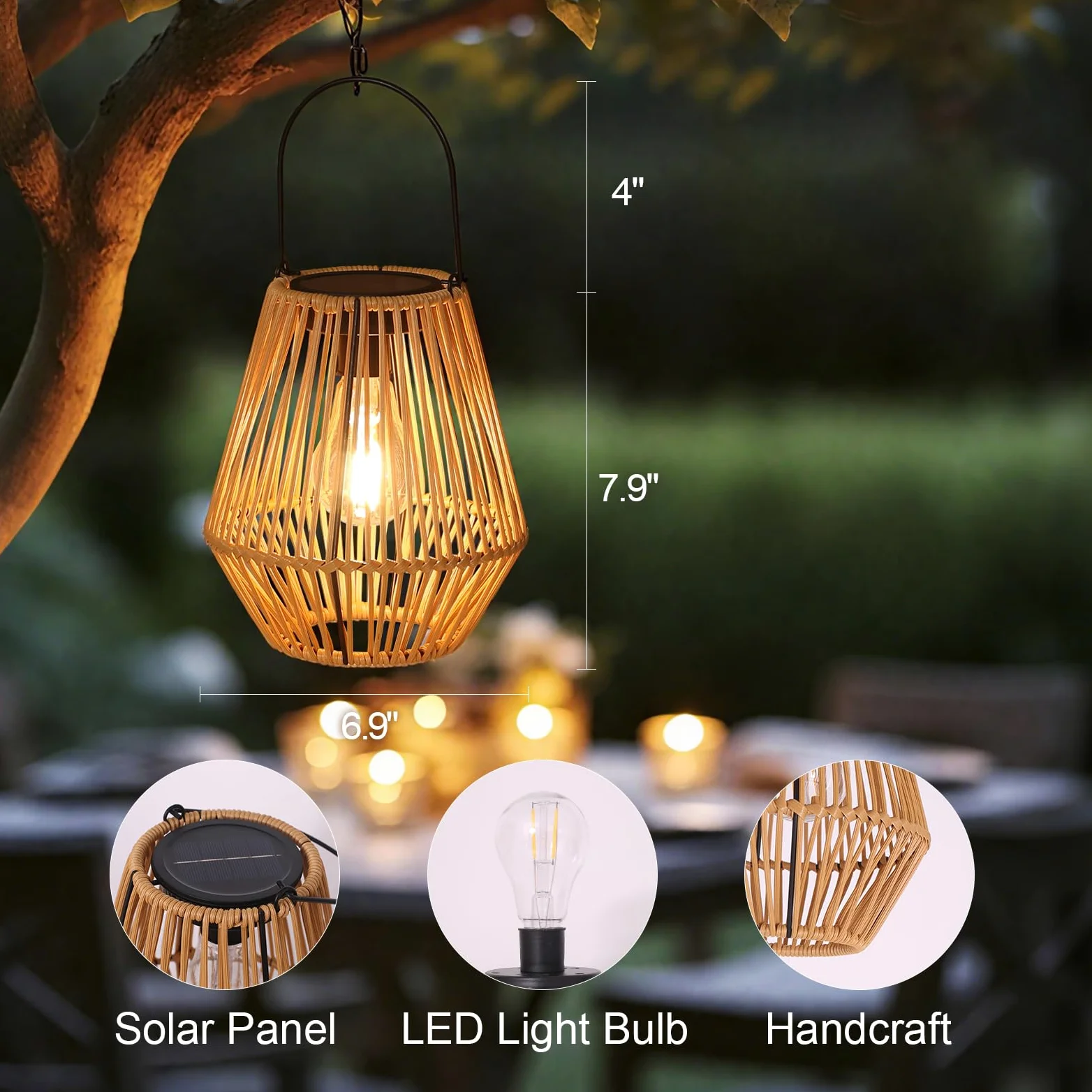 2 sztuki rattanowych lampionów solarnych, wodoodporne, rattanowe lampy solarne, wiszące lampiony, dekoracyjne, prezenty urodzinowe dla mamy, babci, lampiony zewnętrzne na werandę, patio