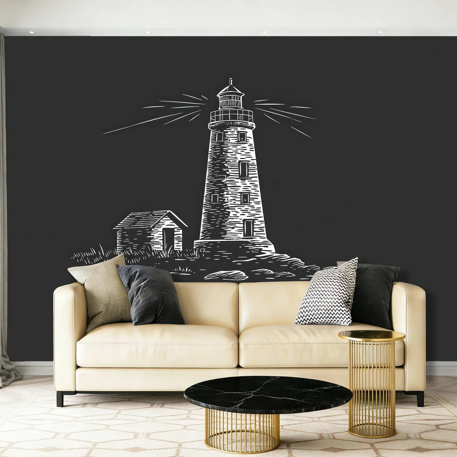Fototapeta Malarstwo atramentowe domek latarnia morska fotografia ścienna do sypialni pokoju dziecięcego, 300 x 210 cm tapeta artystyczna, czarna