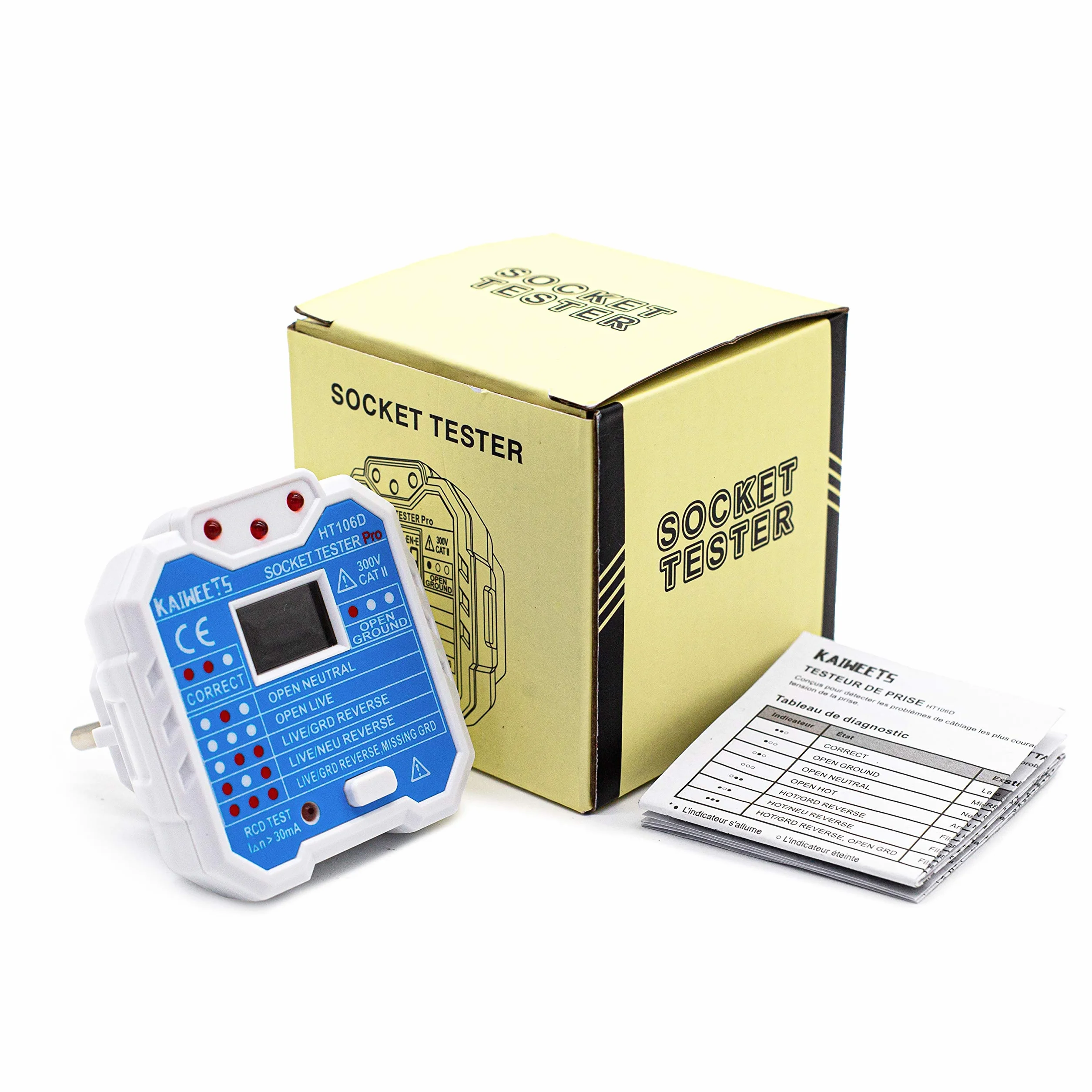 KAIWEETS Tester gniazd z kontrolą RCD i wyświetlaczem napięcia LCD, 48-250 V/45-65 Hz, CAT ll 300 V do pomiaru napięcia, badania obwodu elektrycznego.