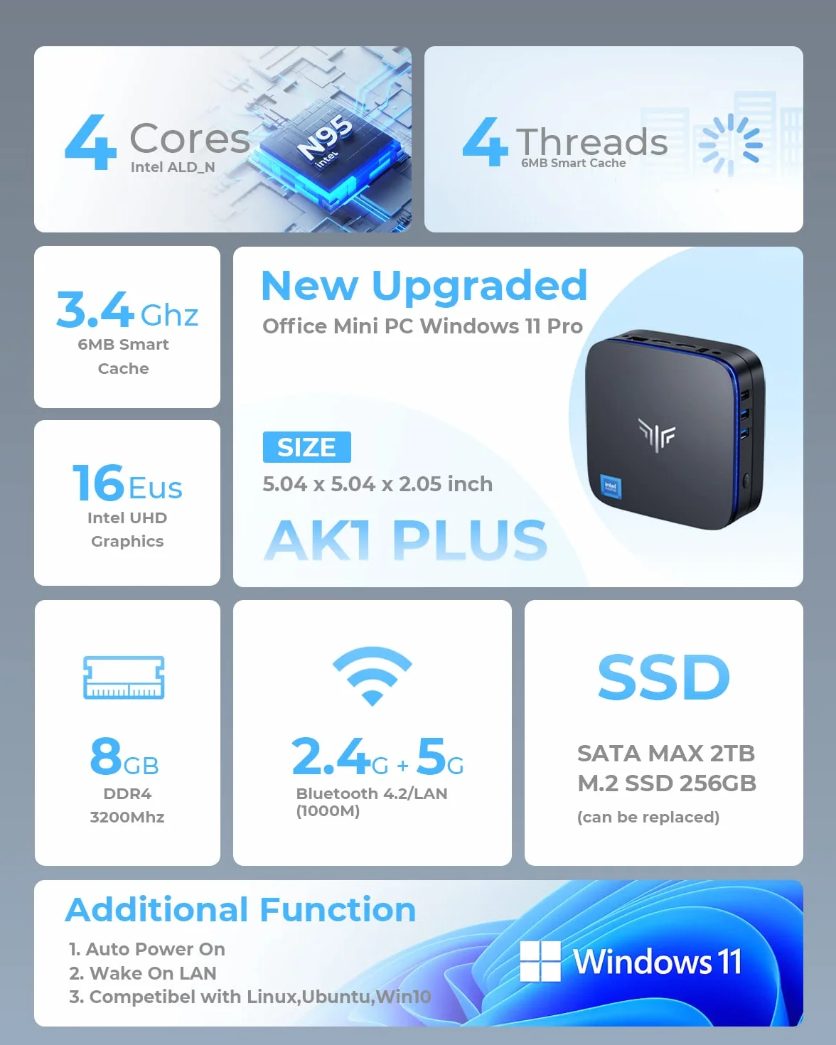 NiPoGi Mini PC Windows 11 Pro 8 GB DDR4 256 GB SSD Alder Lake N95 4K Dual Display WiFi