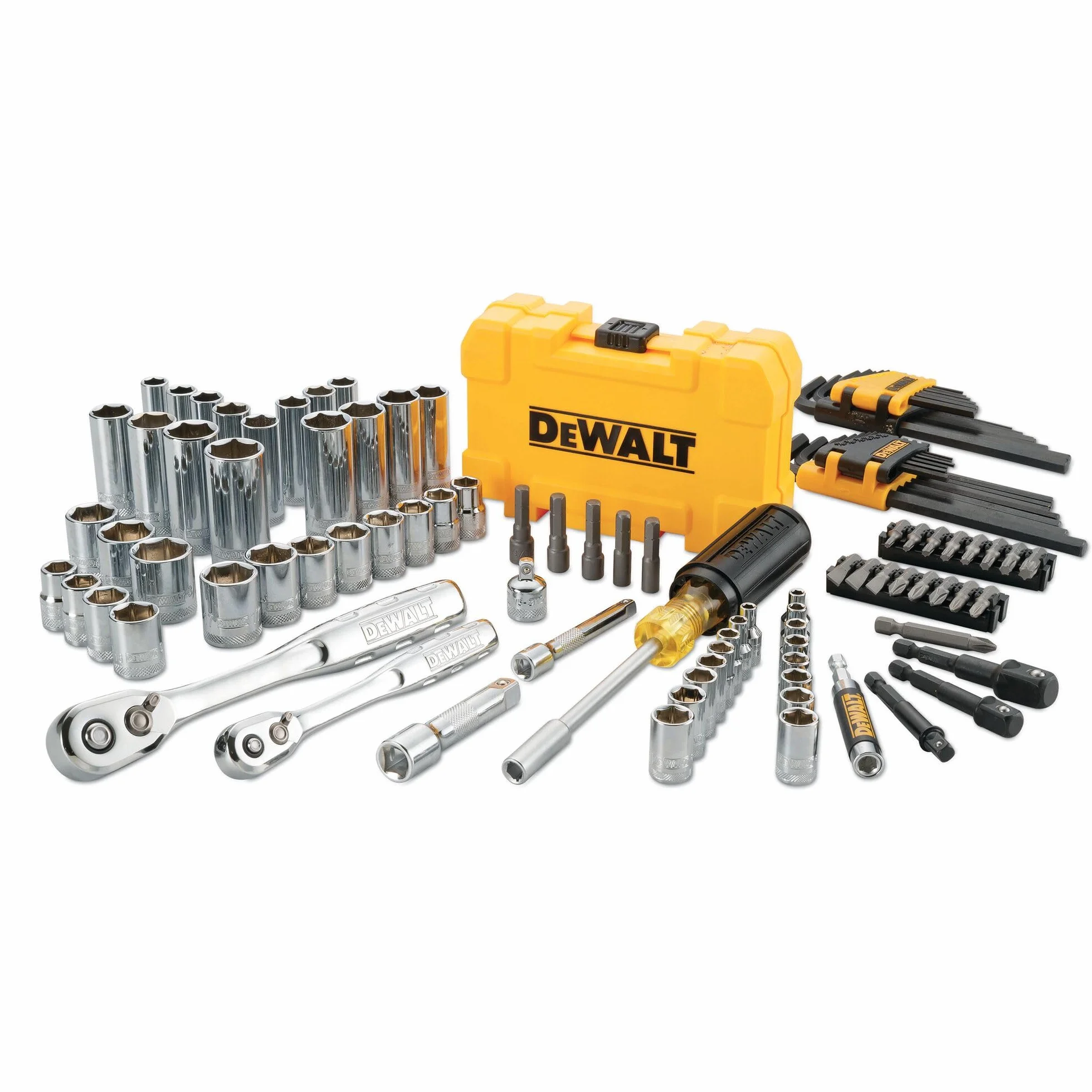 DeWALT DWMT73801-1 zestaw narzędzi mechanicznych, metryczny, imperialny, 1/4 cala, 3/8 cala, 108-częściowy