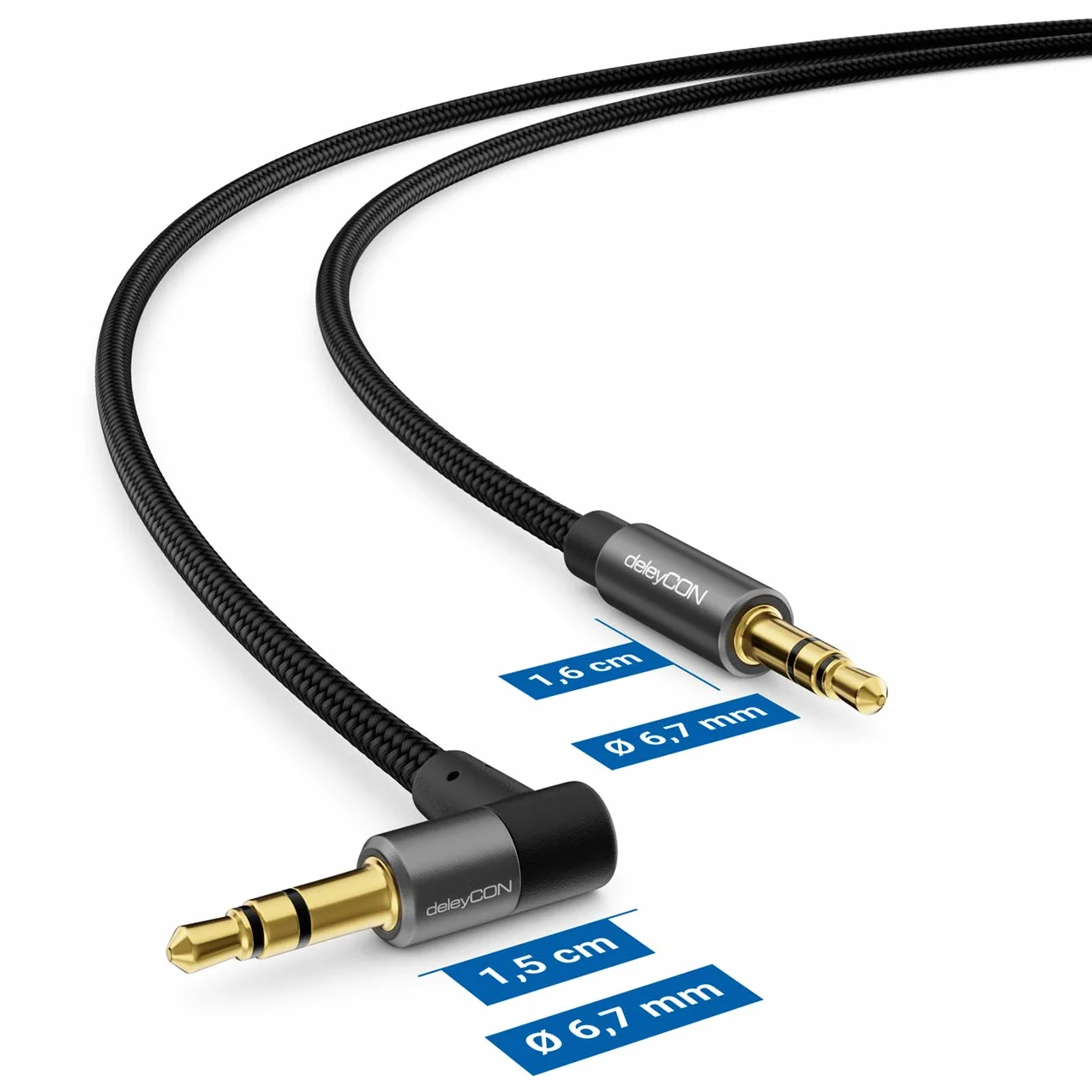 deleyCON 1,5m Kabel AUX 3,5 mm Kabel Audio Jack Stereo Kabel Bawełniany i Metalowe Złącza - Wtyk Prosty na Wtyk Kątowy 90° - Telefon Smartfon Tablet Słuchawki HiFi Odbiornik Samochodowy