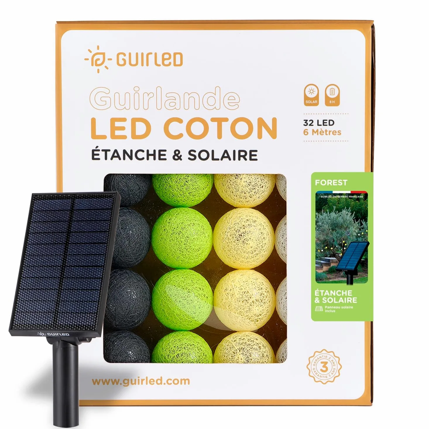 GuirLED - Girlanda zewnętrzna z kulami świetlnymi LED-Guinguette - Wodoszczelna IP55 - Wysokowydajny panel słoneczny - Automatyczne WŁĄCZ/WYŁĄCZ - 32 kule 6 m - Forest