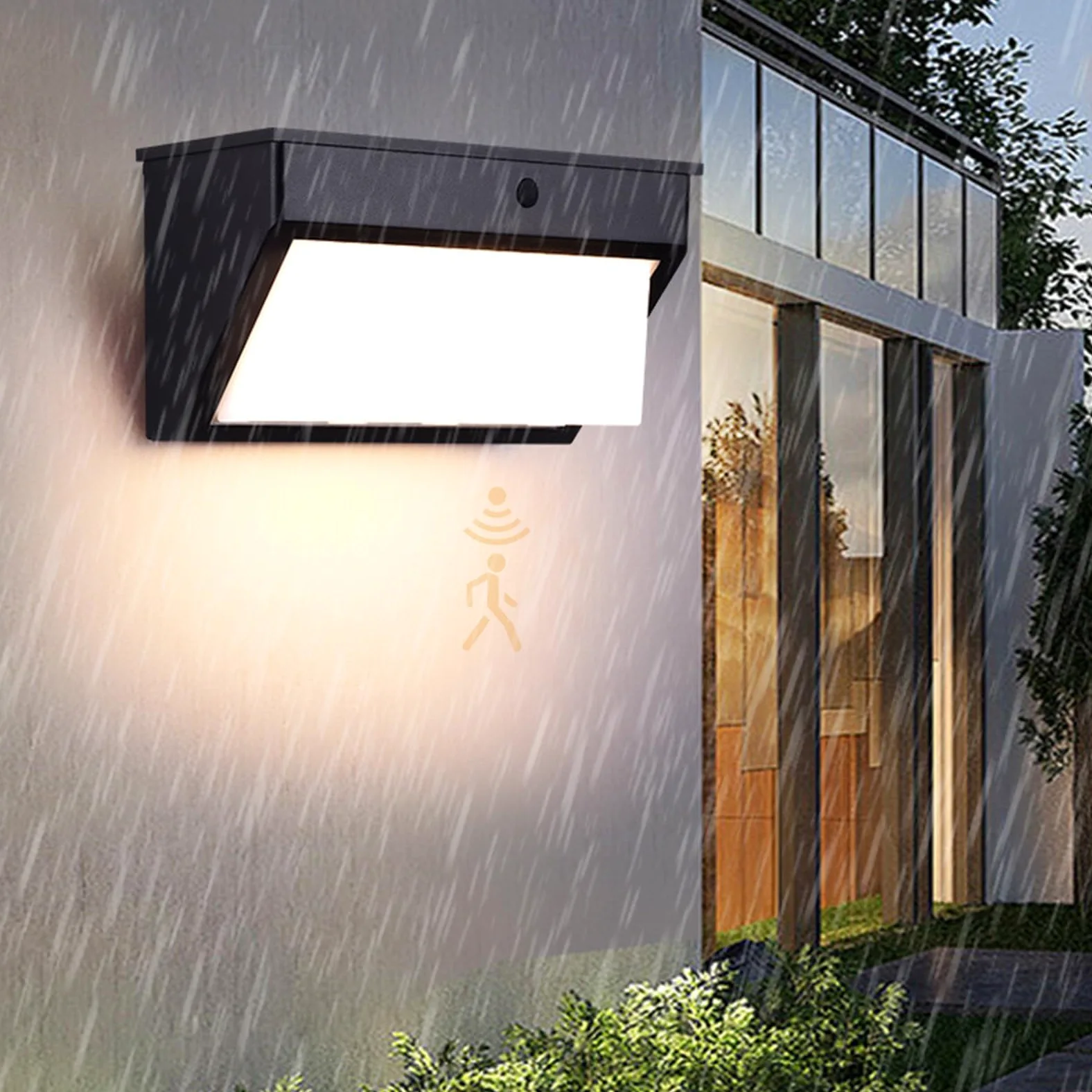 Zewnętrzna solarna lampa ścienna z czujnikiem ruchu Lampa ścienna IP65, wodoodporna lampa ścienna IP65, czarna LED, akumulator, dekoracja ogrodowa, na taras, wejście (26 cm, ciepłe światło)