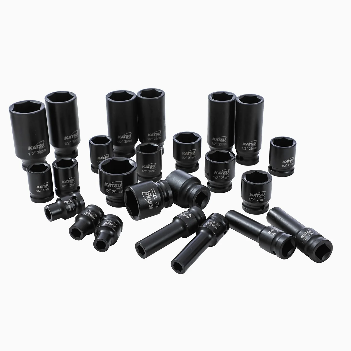 KATSU Tools Zestaw 43 szt. wytrzymałych nasadek udarowych 1/5.1 cm Napęd 6-punktowy 9-30 mm metryczny standardowy/głęboki zestaw nasadek udarowych, stal stopowa chromowo-wanadowa, narzędzie