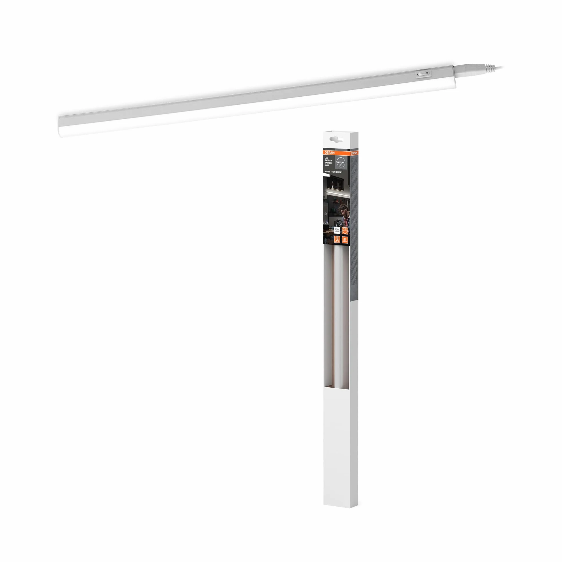 OSRAM Listwa świetlna LED Switch Batten Slim z wbudowanym przełącznikiem 600 mm 8W 4000K w kolorze białym, można łączyć z bezszwowymi taśmami świetlnymi, stopień ochrony IP20, do oświetlenia