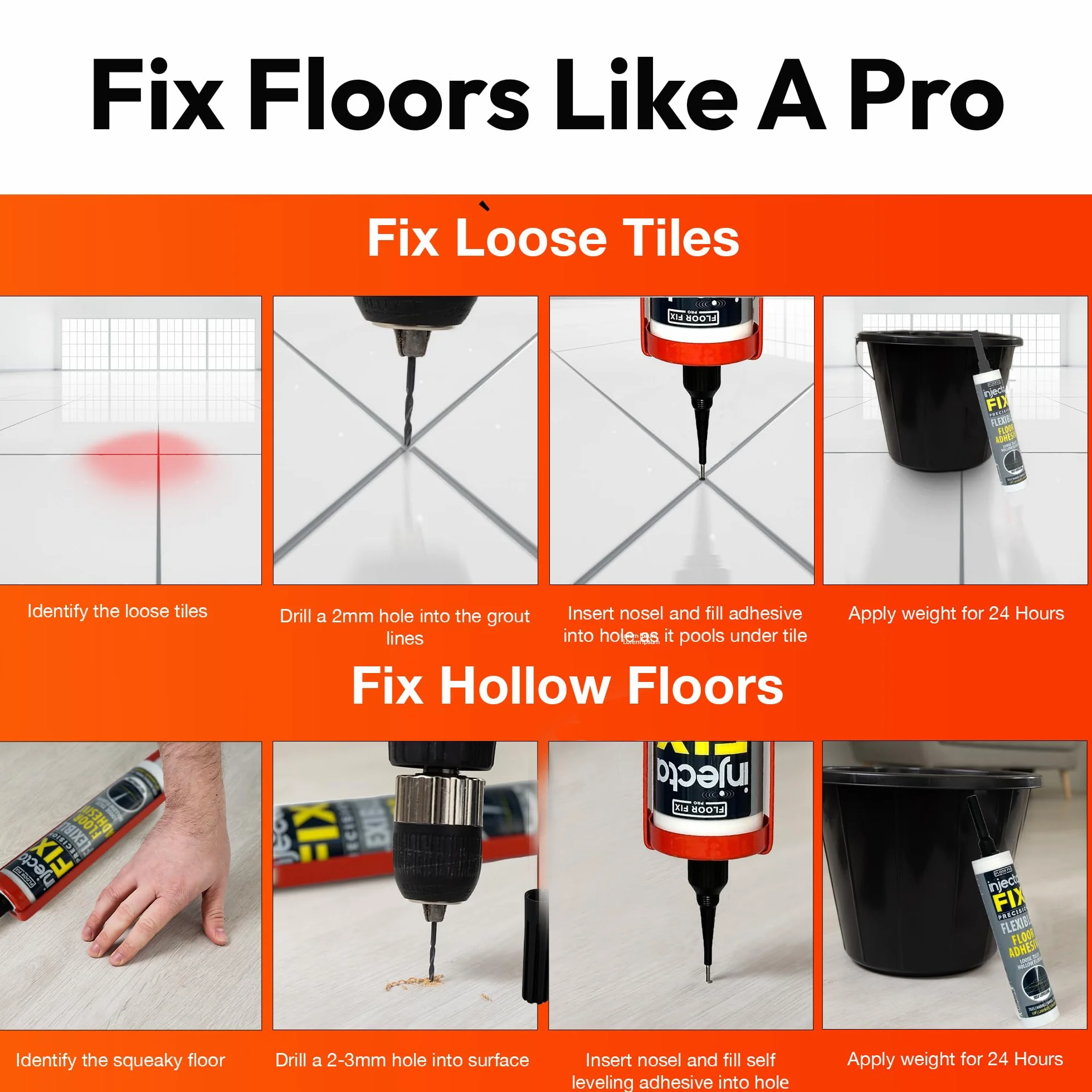 Floor-Fix Pro - Injectafix 300ml naprawia złuszczone płytki i podłogi puste - Zawiera końcówkę wtryskową do wąskich linii fug.