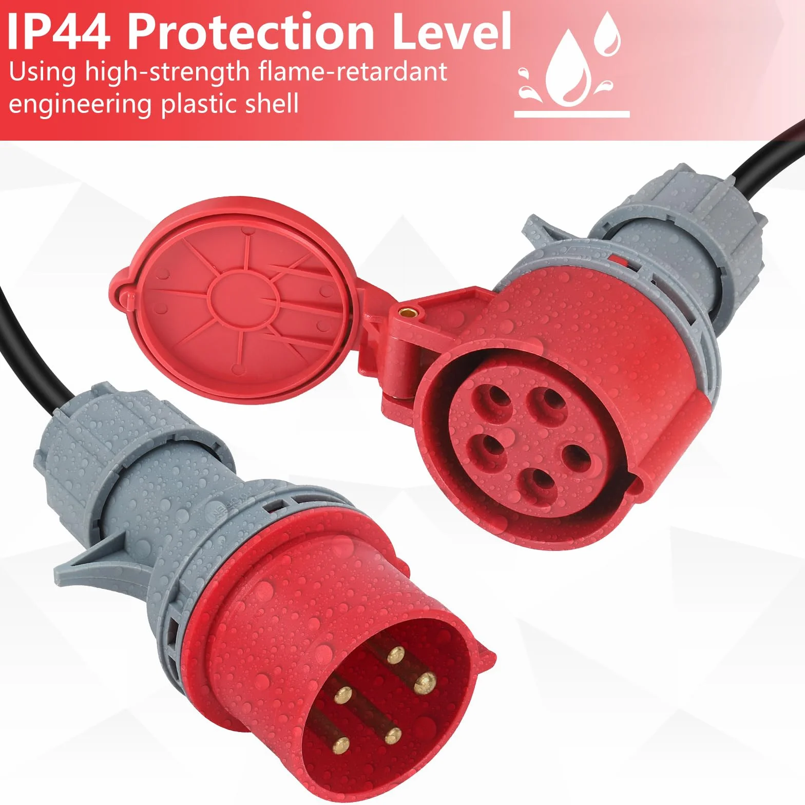 Adapter CEE, wtyczka 32 A (22 kW) na złącze 16 A (11 kW), 5-biegunowy, 400 V, długość 50 cm, stopień ochrony IP44, gumowy wąż