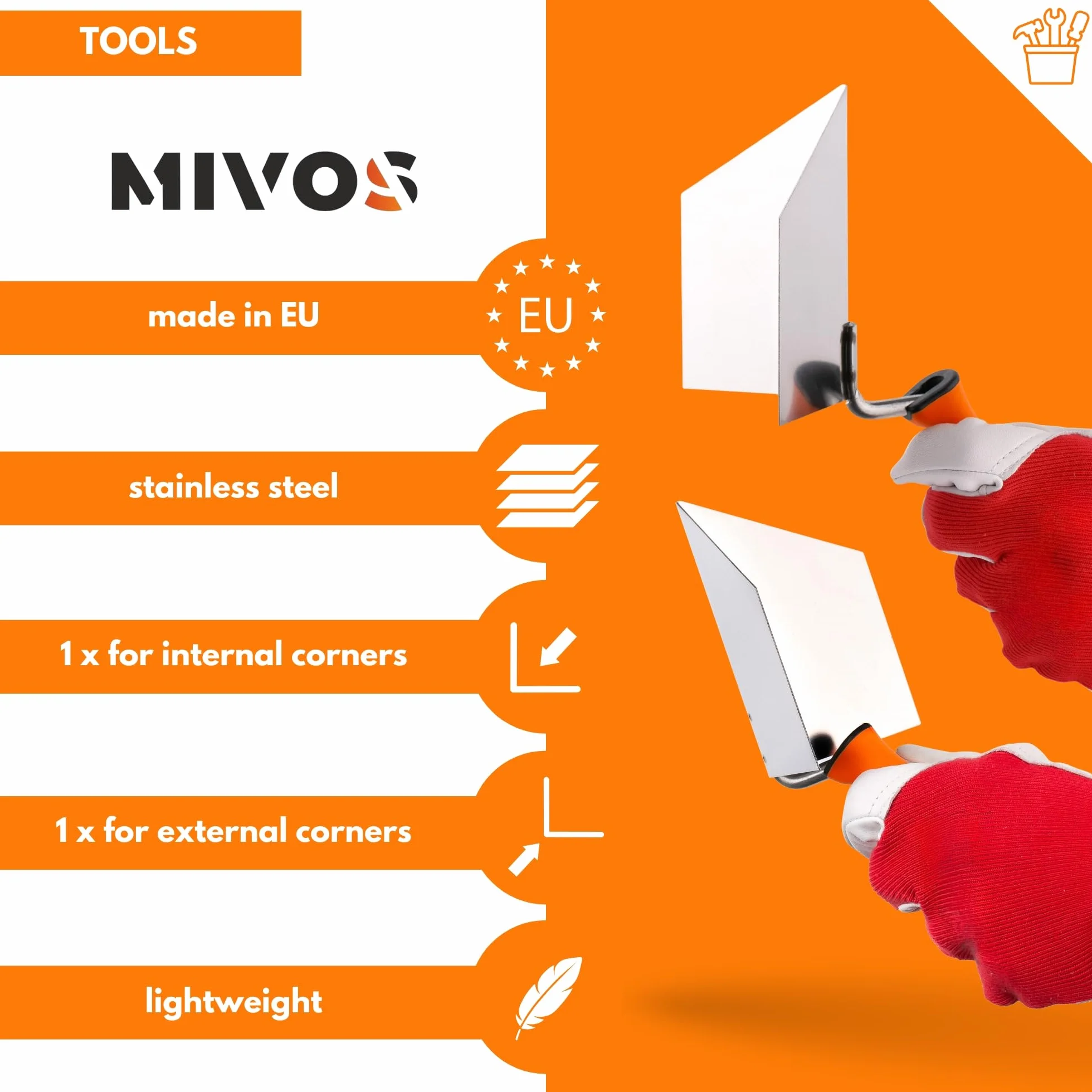 Mivos 2 x kielnia narożna ze stali nierdzewnej 125 x 75 mm – kielnia narożna wewnętrzna i zewnętrzna ze stali nierdzewnej – do wewnątrz i na zewnątrz z miękkim uchwytem – szpachelka narożna Made in EU
